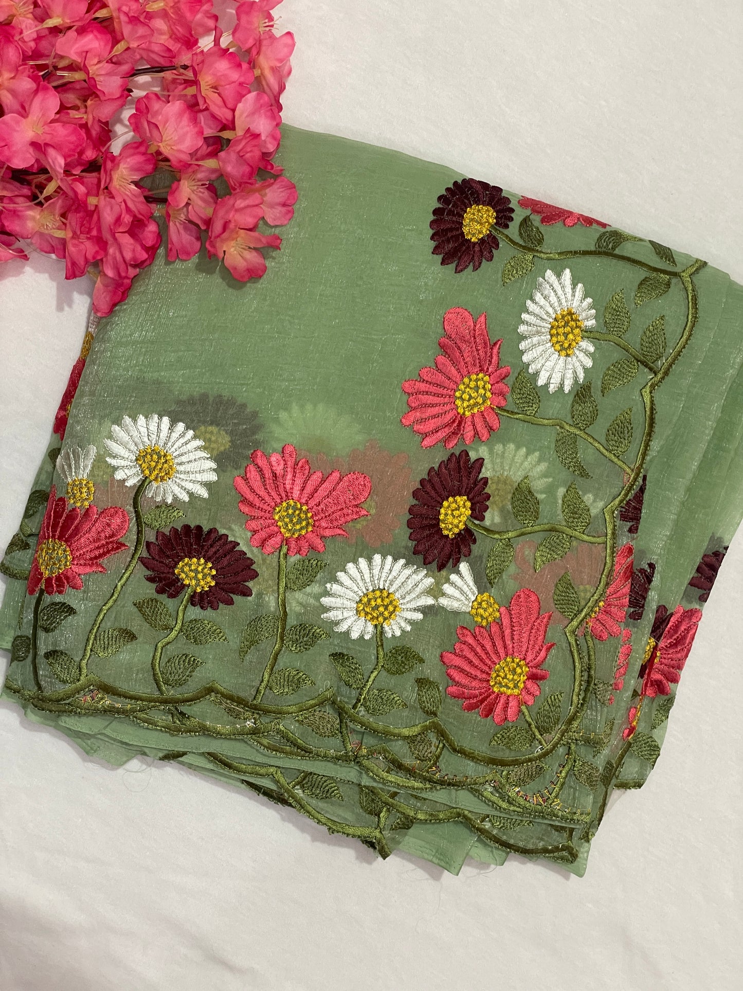 Floral Embroidery Soft Tissue Saree