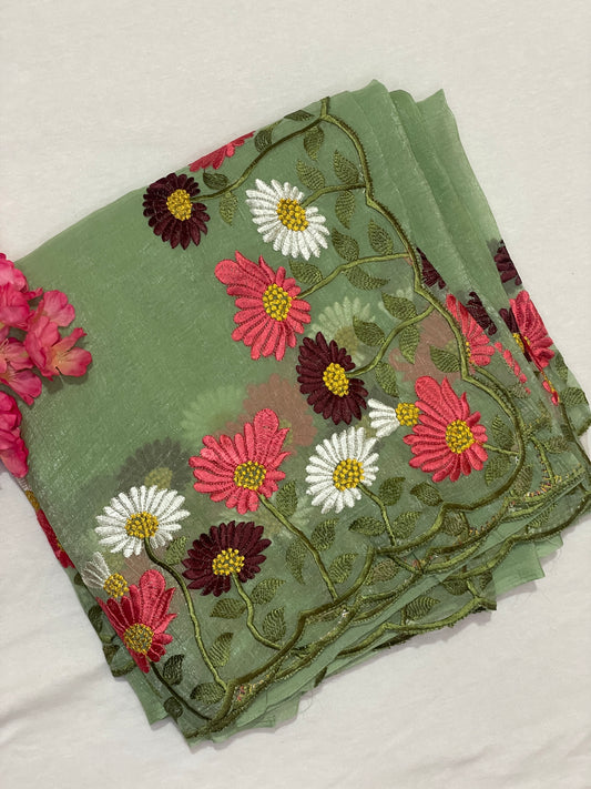 Floral Embroidery Soft Tissue Saree