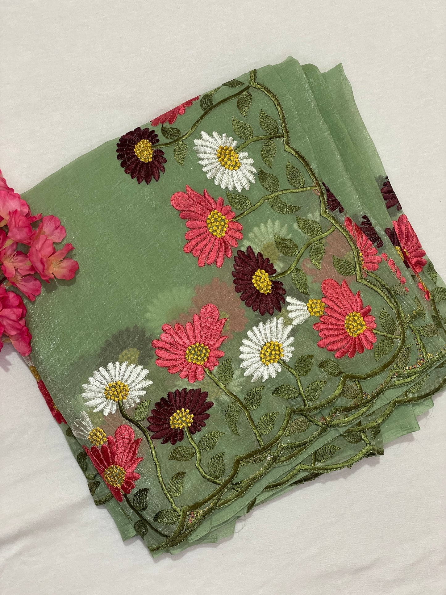 Floral Embroidery Soft Tissue Saree