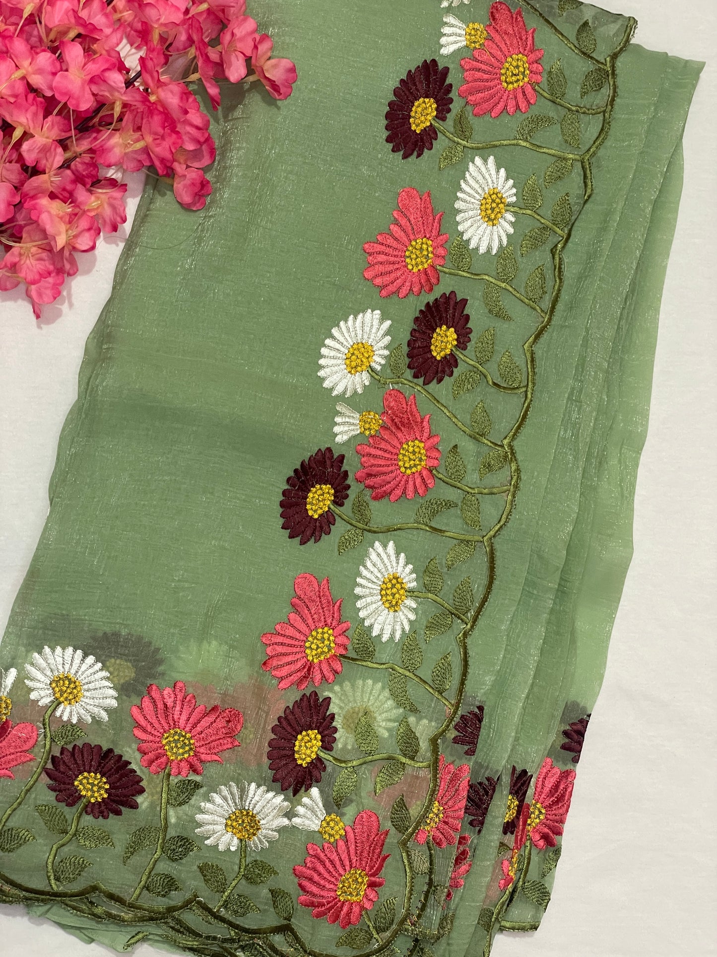 Floral Embroidery Soft Tissue Saree