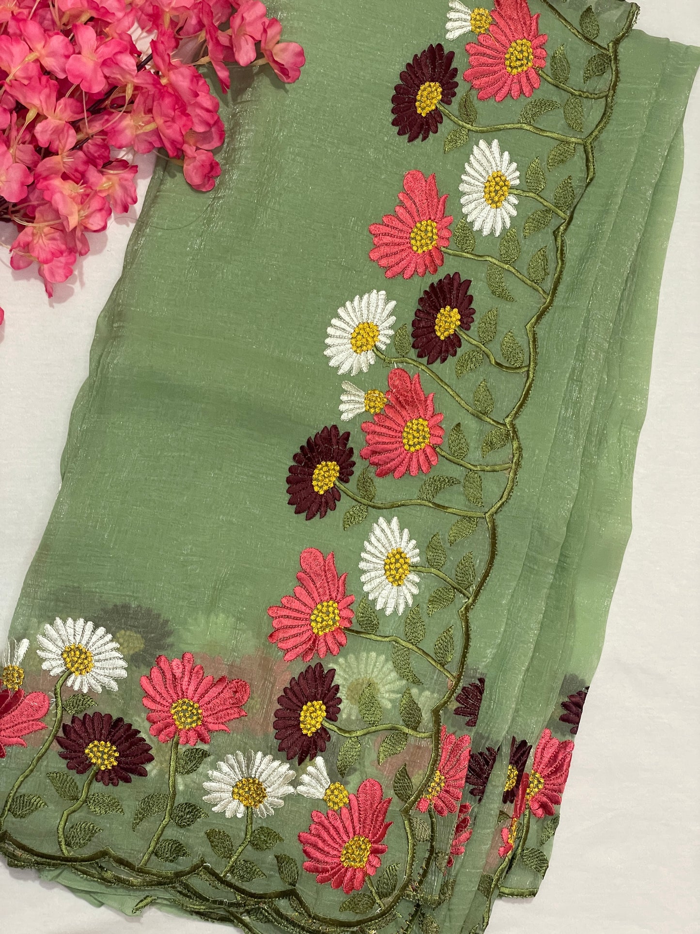 Floral Embroidery Soft Tissue Saree