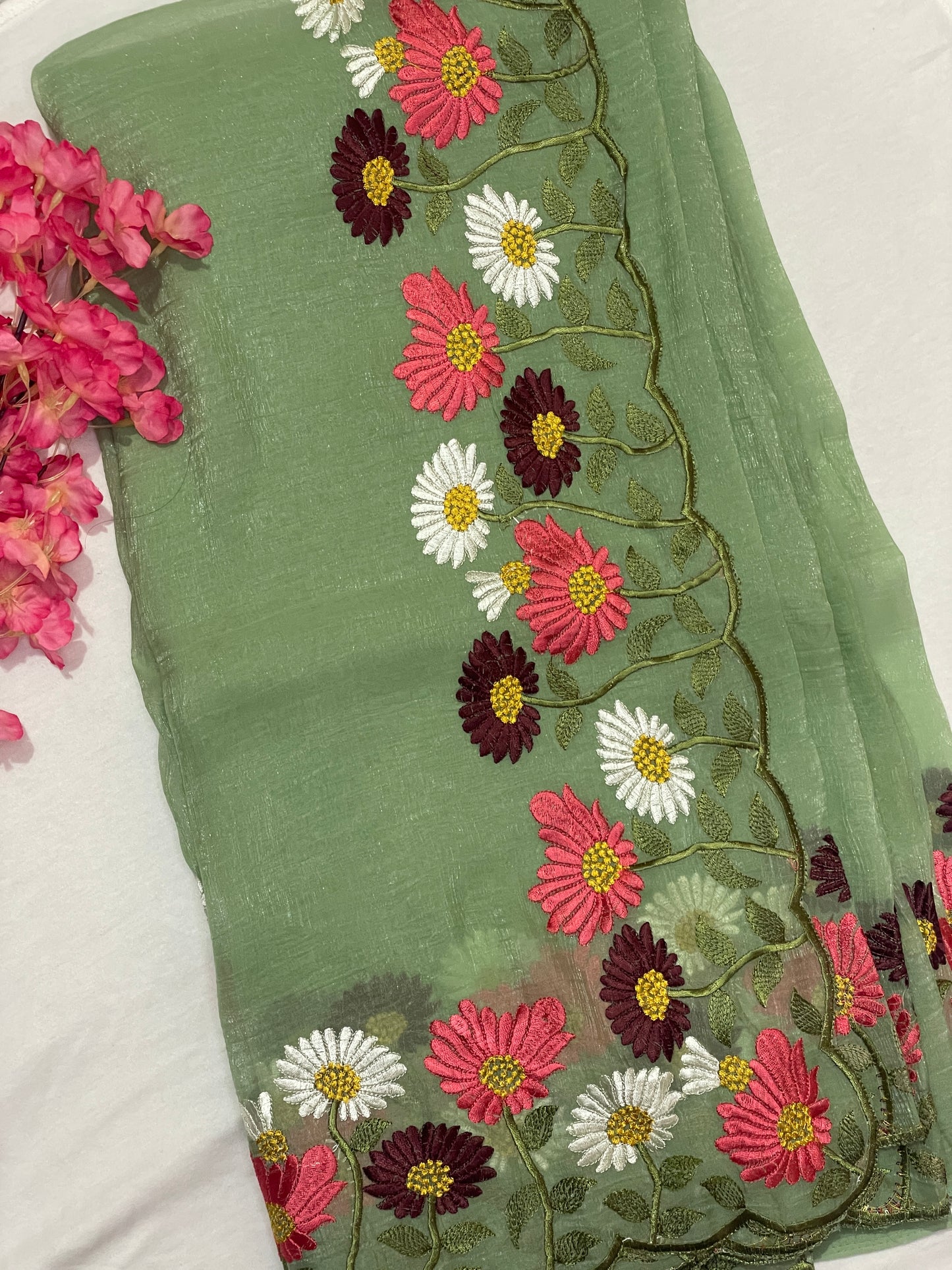 Floral Embroidery Soft Tissue Saree