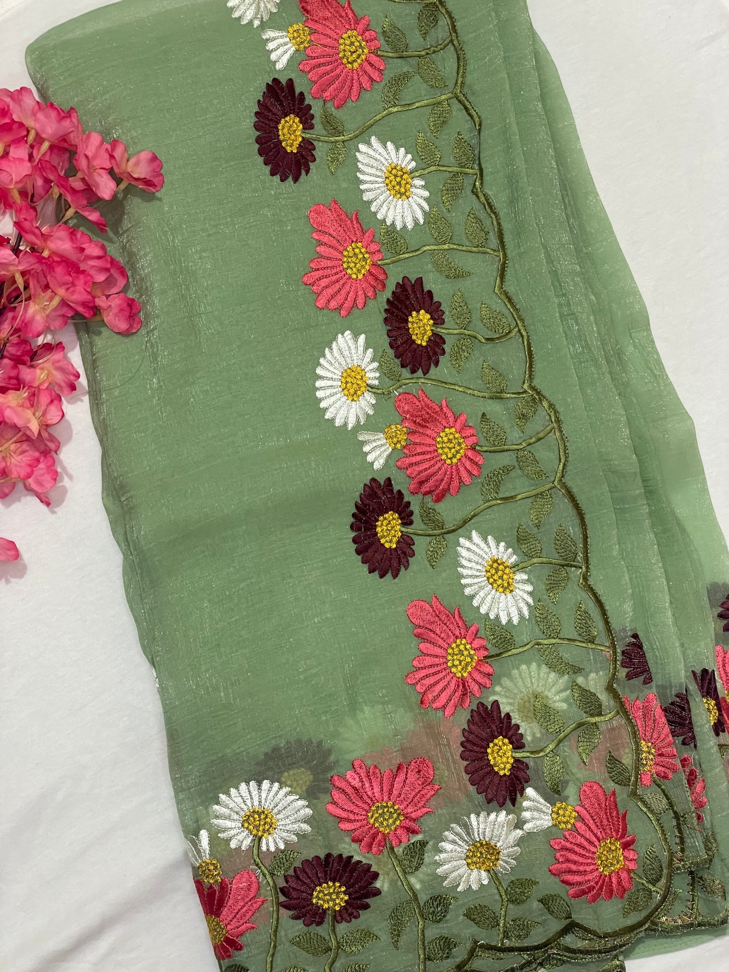 Floral Embroidery Soft Tissue Saree