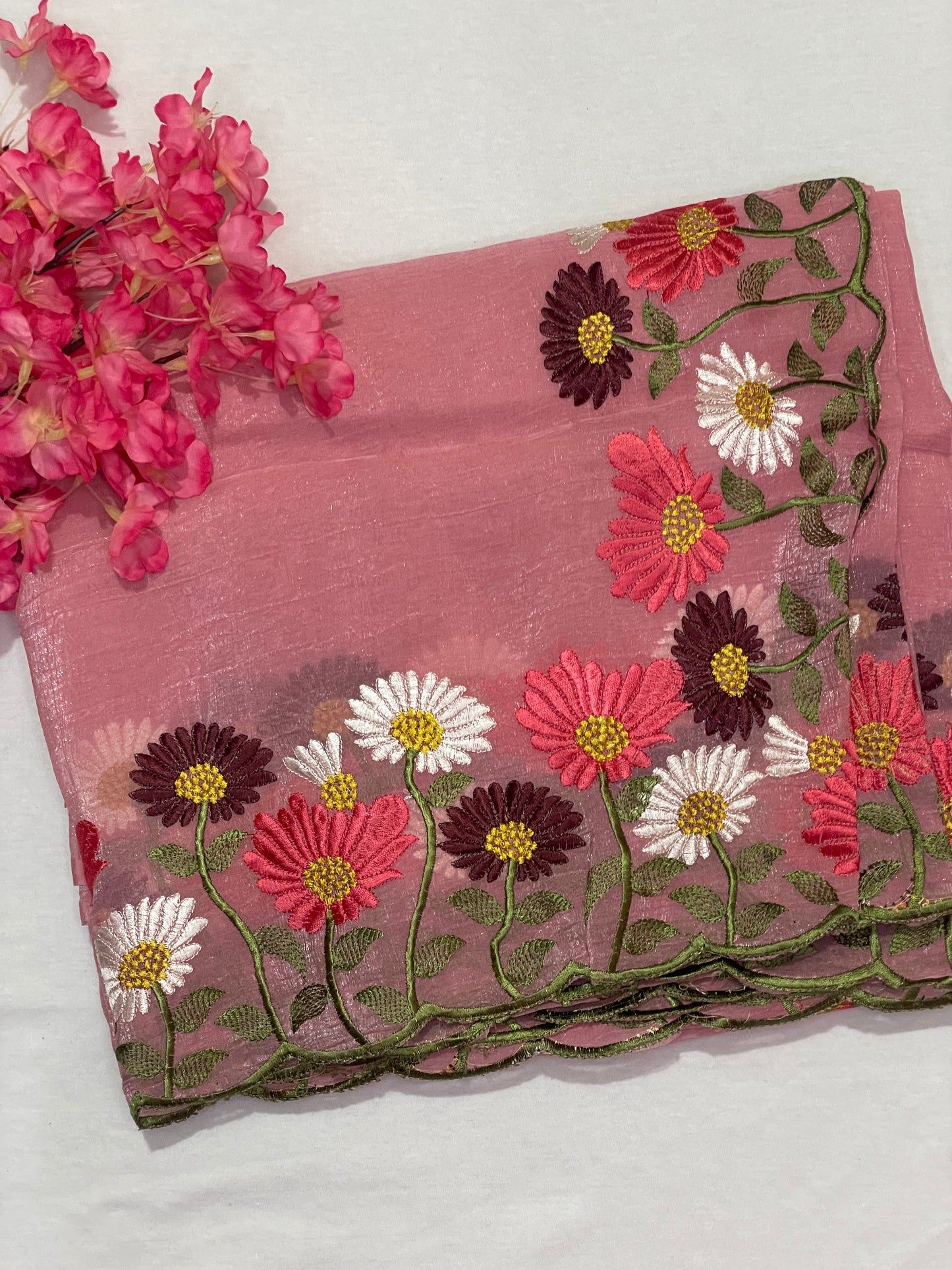 Floral Embroidery Soft Tissue Saree