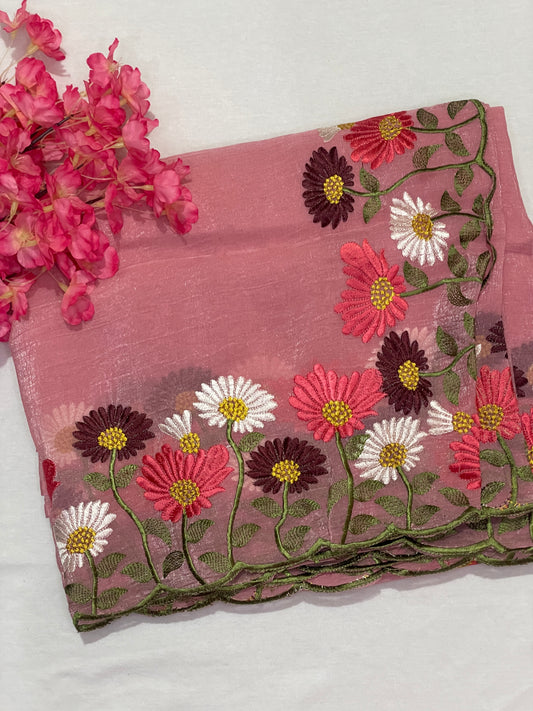 Floral Embroidery Soft Tissue Saree