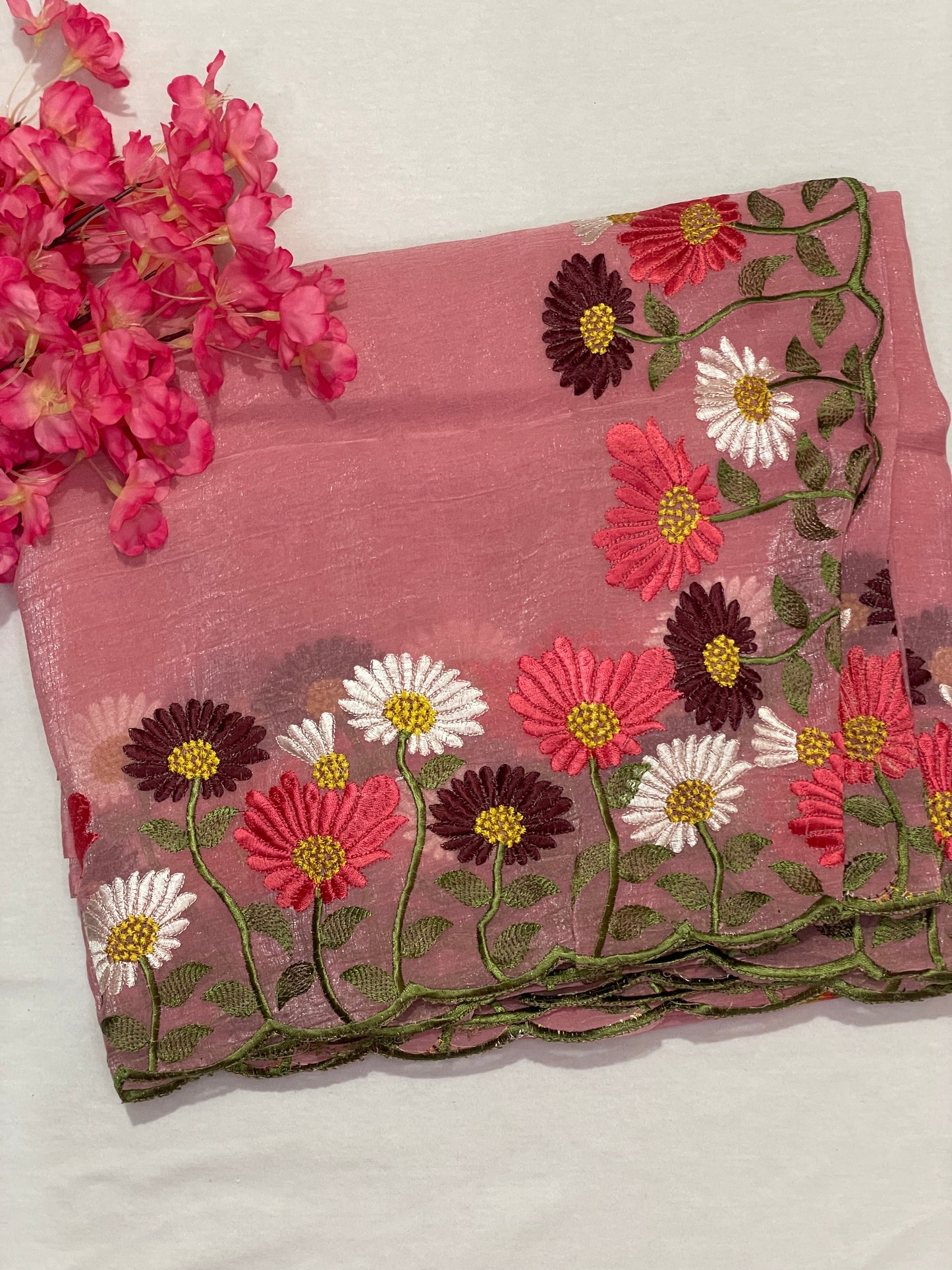 Floral Embroidery Soft Tissue Saree