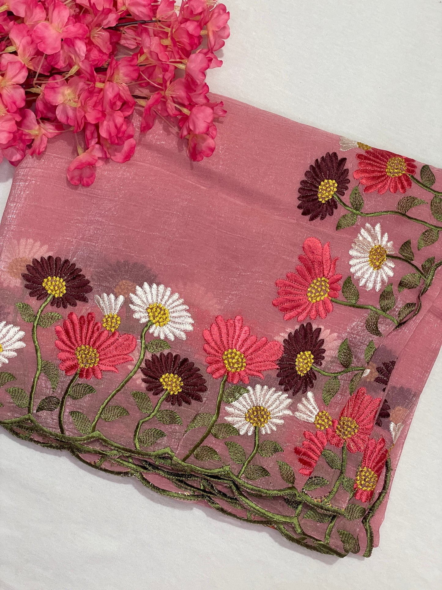 Floral Embroidery Soft Tissue Saree