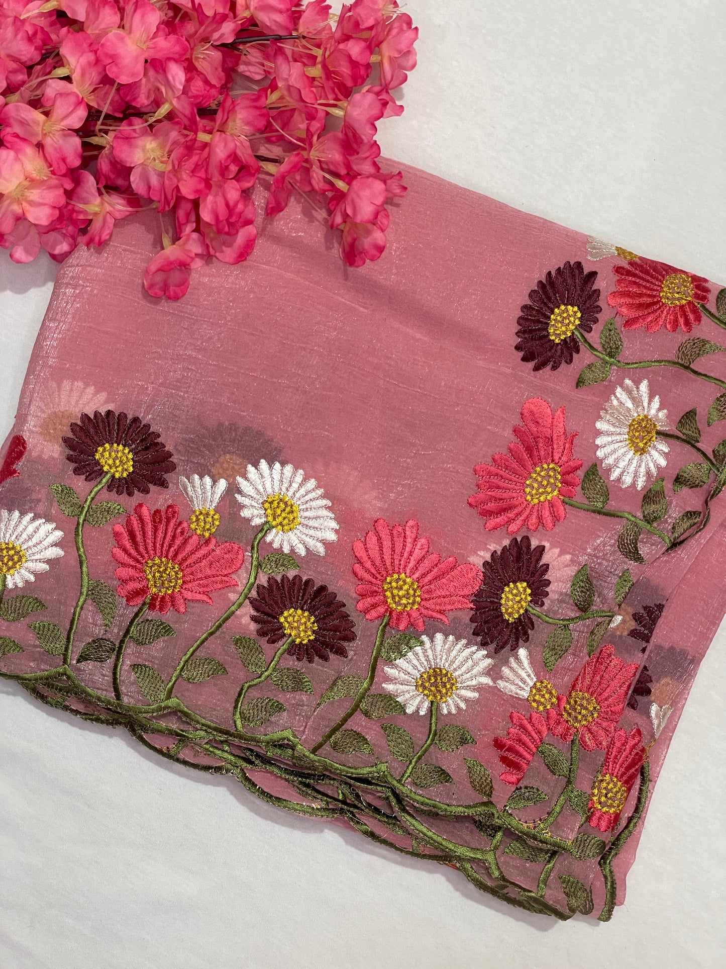 Floral Embroidery Soft Tissue Saree