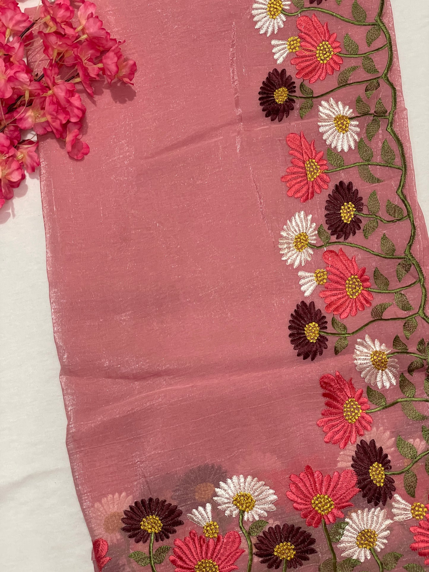 Floral Embroidery Soft Tissue Saree
