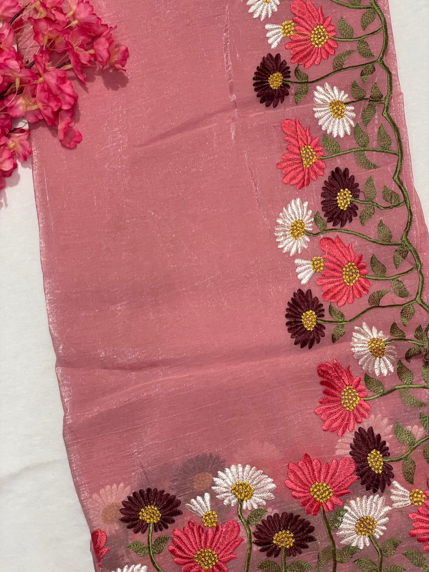 Floral Embroidery Soft Tissue Saree
