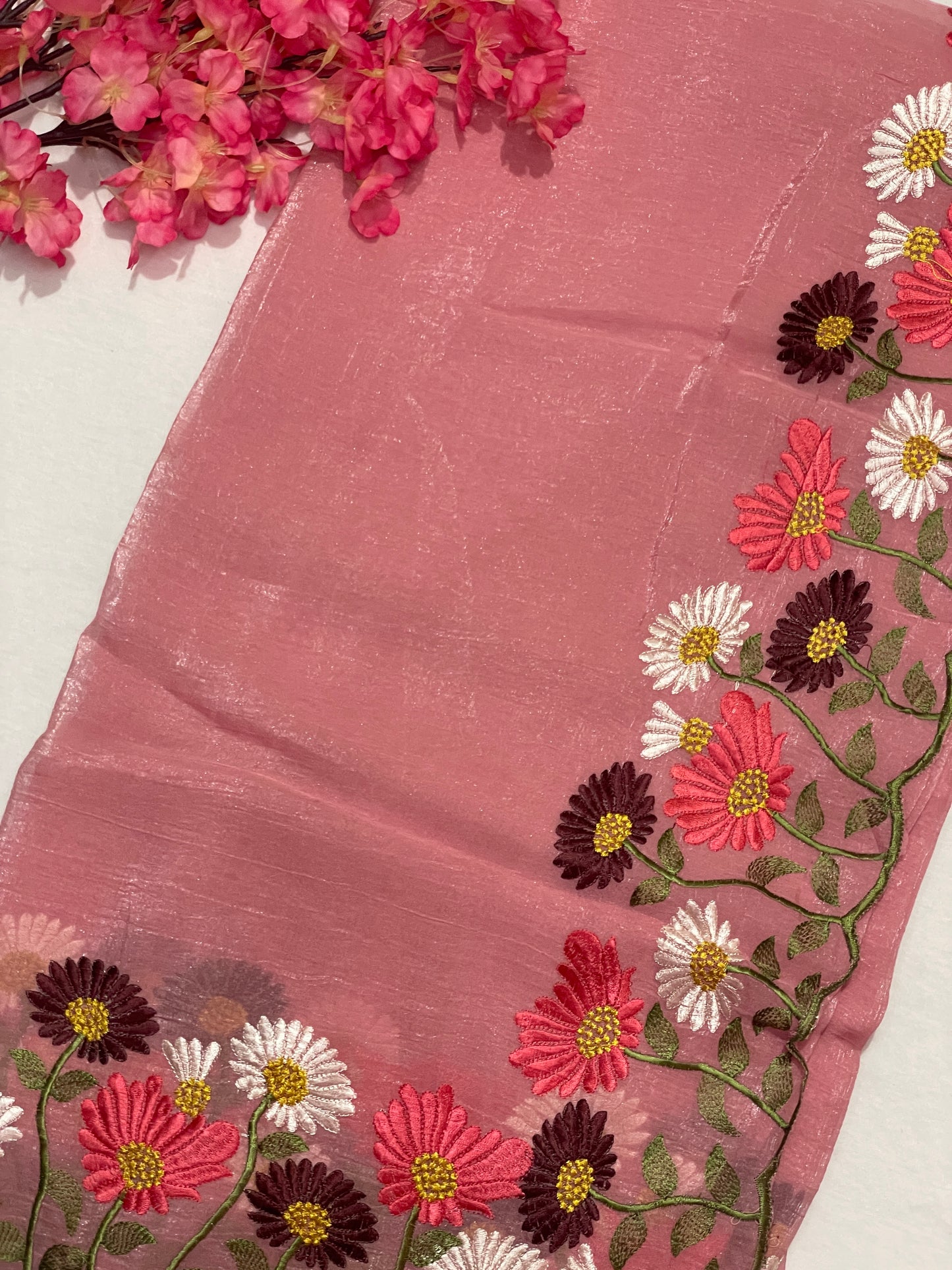 Floral Embroidery Soft Tissue Saree
