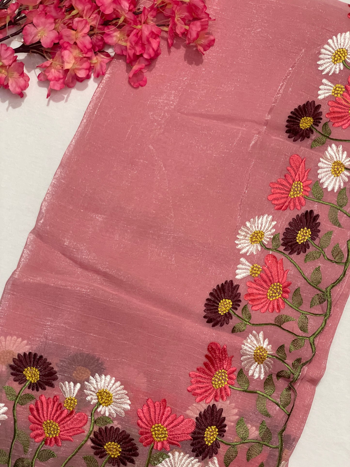 Floral Embroidery Soft Tissue Saree