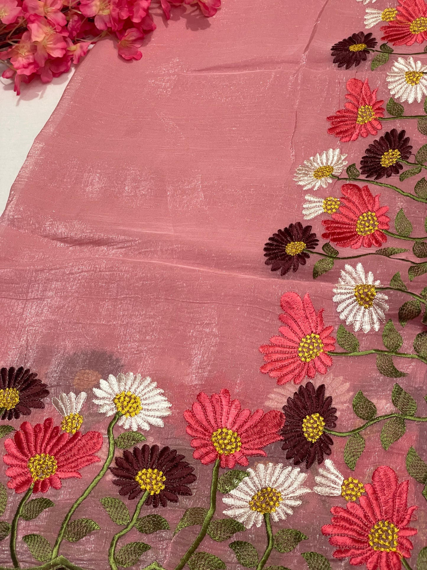 Floral Embroidery Soft Tissue Saree