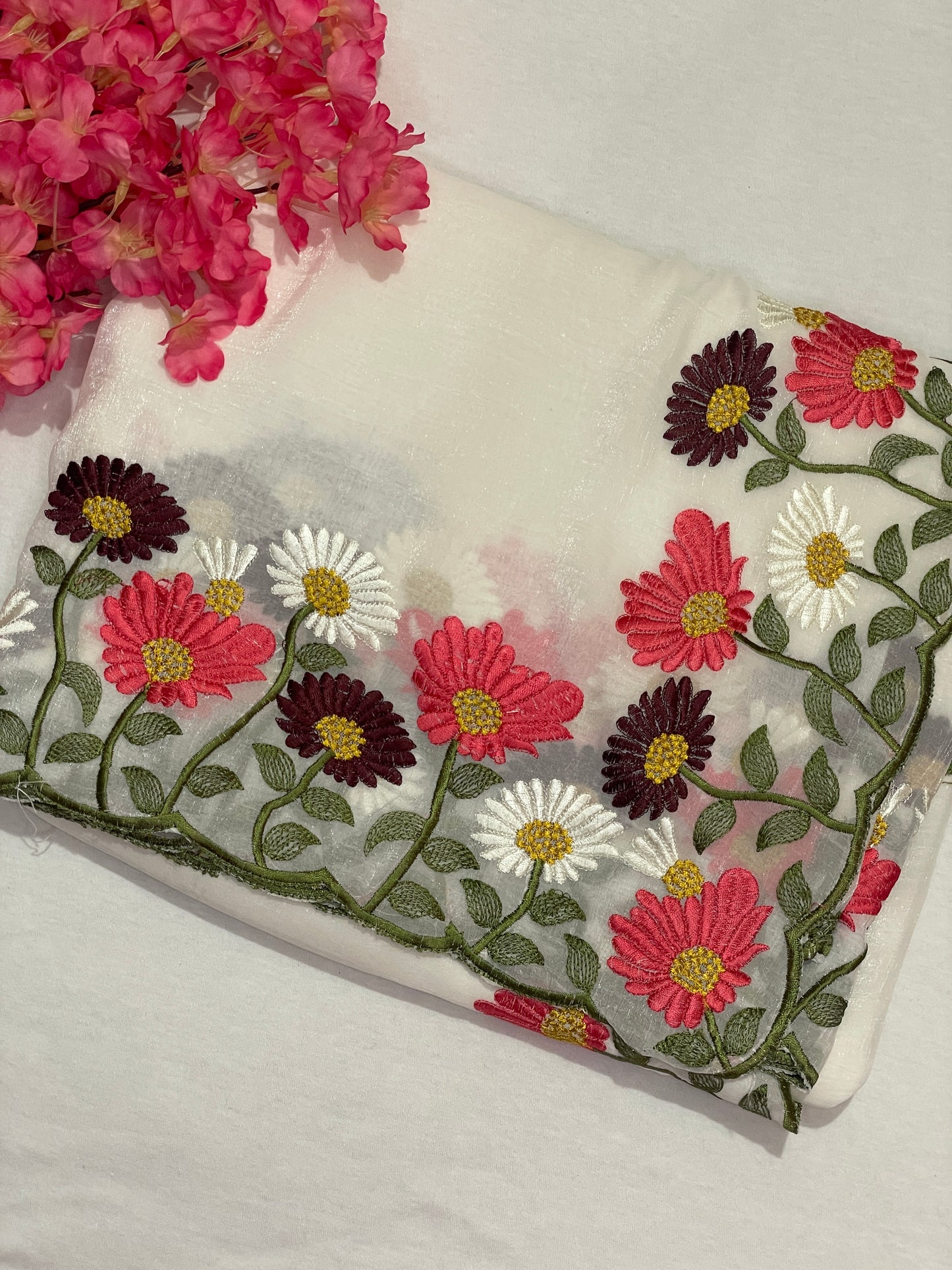 Floral Embroidery Soft Tissue Saree