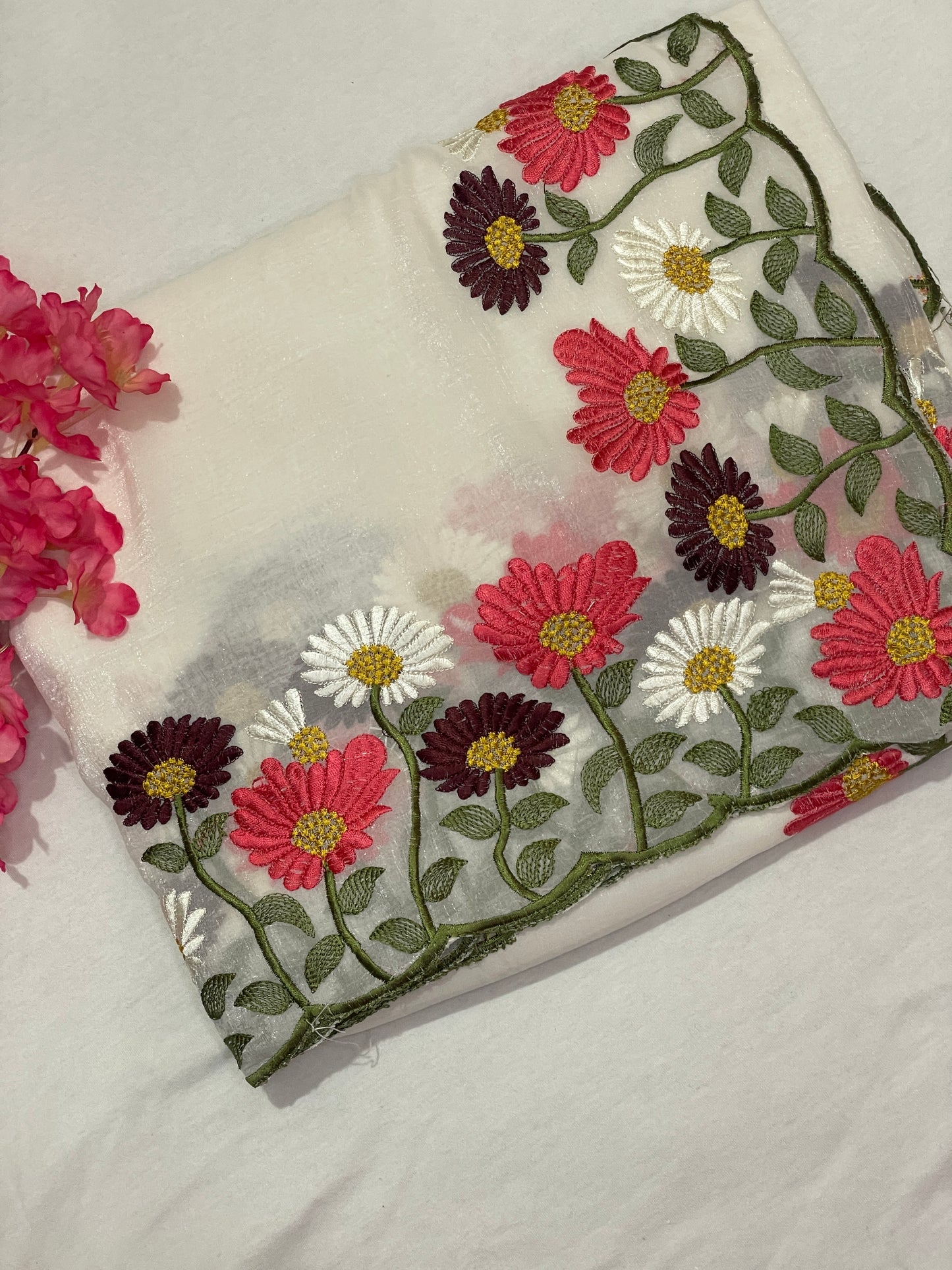 Floral Embroidery Soft Tissue Saree