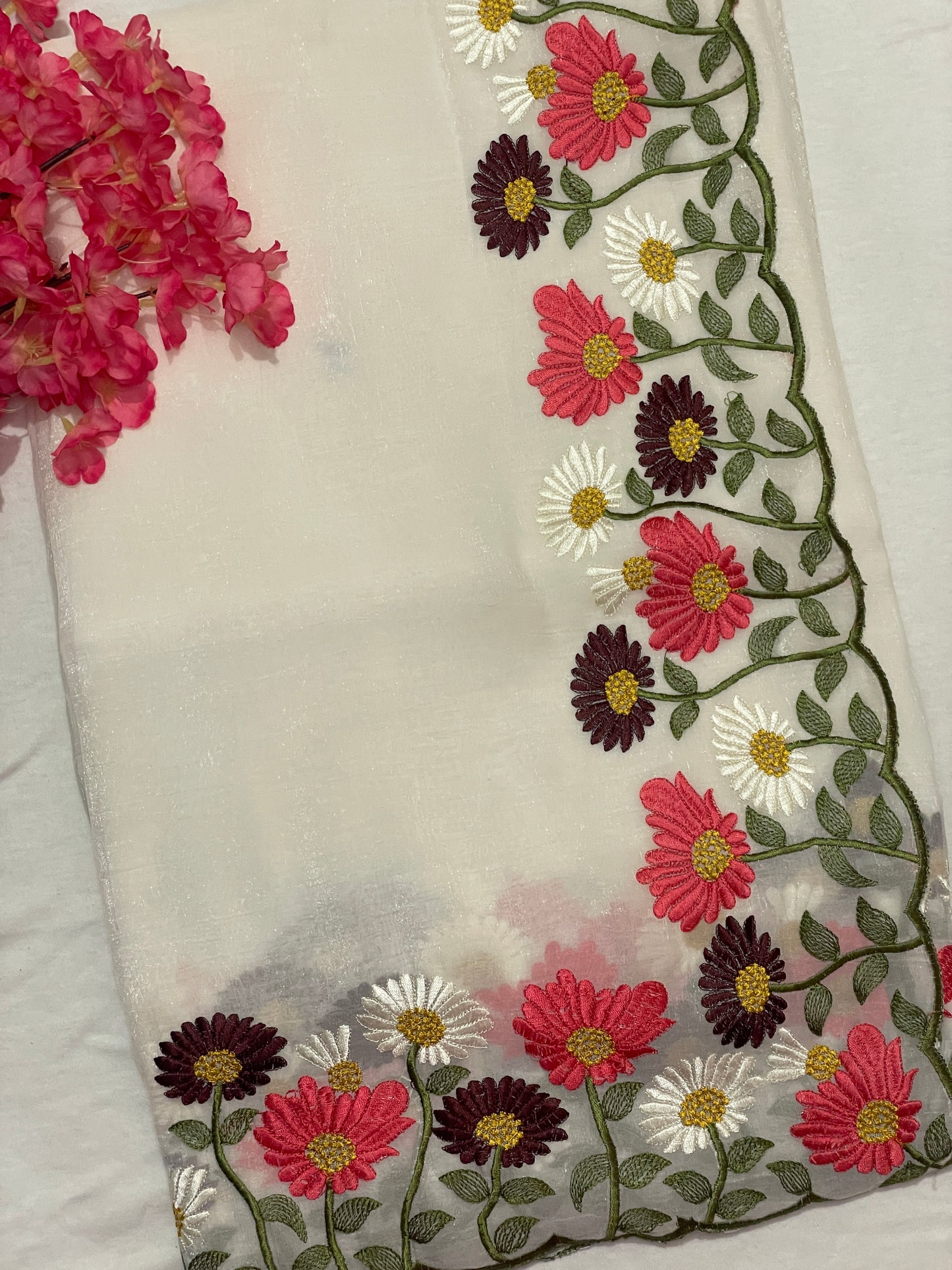 Floral Embroidery Soft Tissue Saree