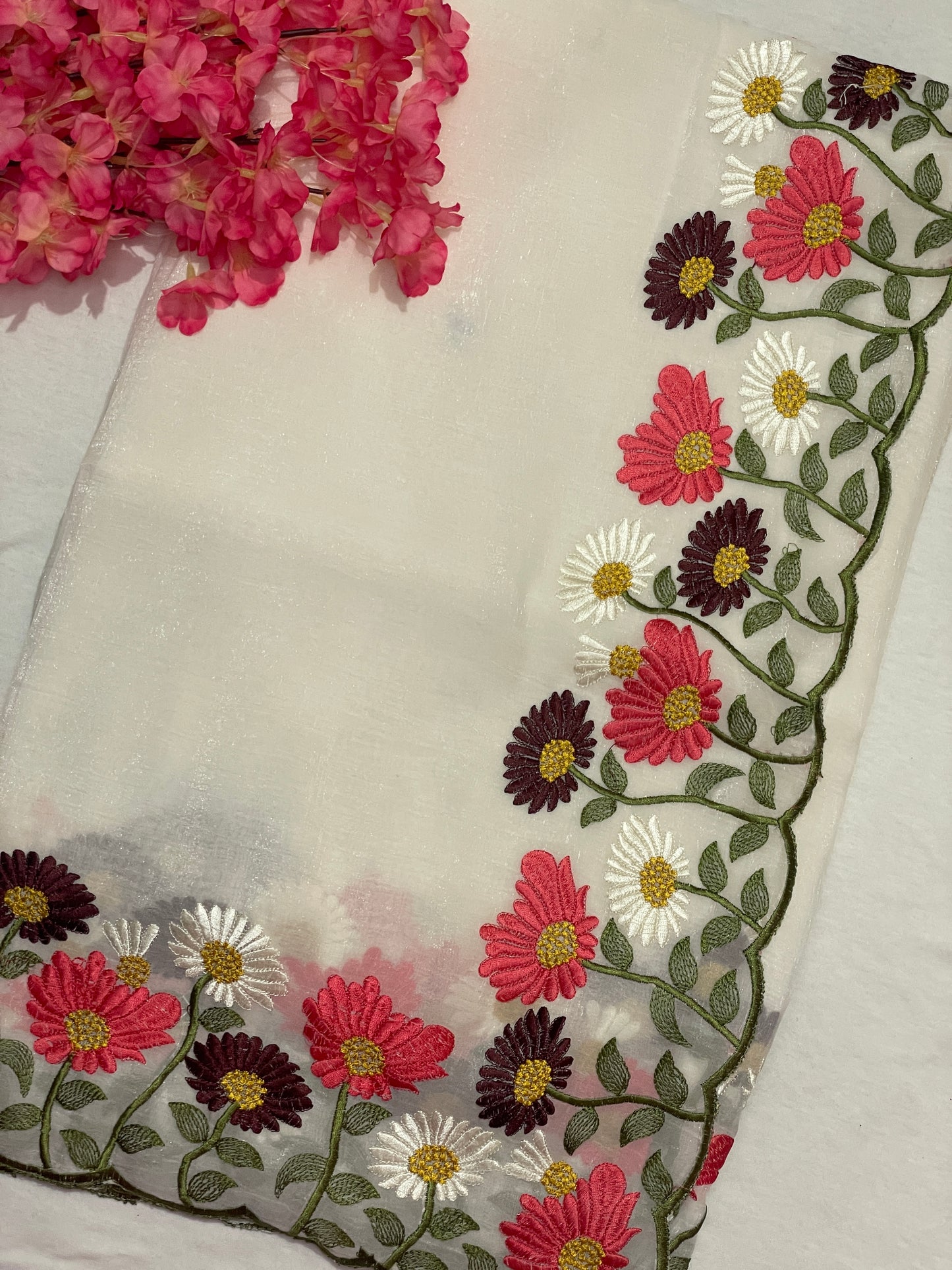 Floral Embroidery Soft Tissue Saree