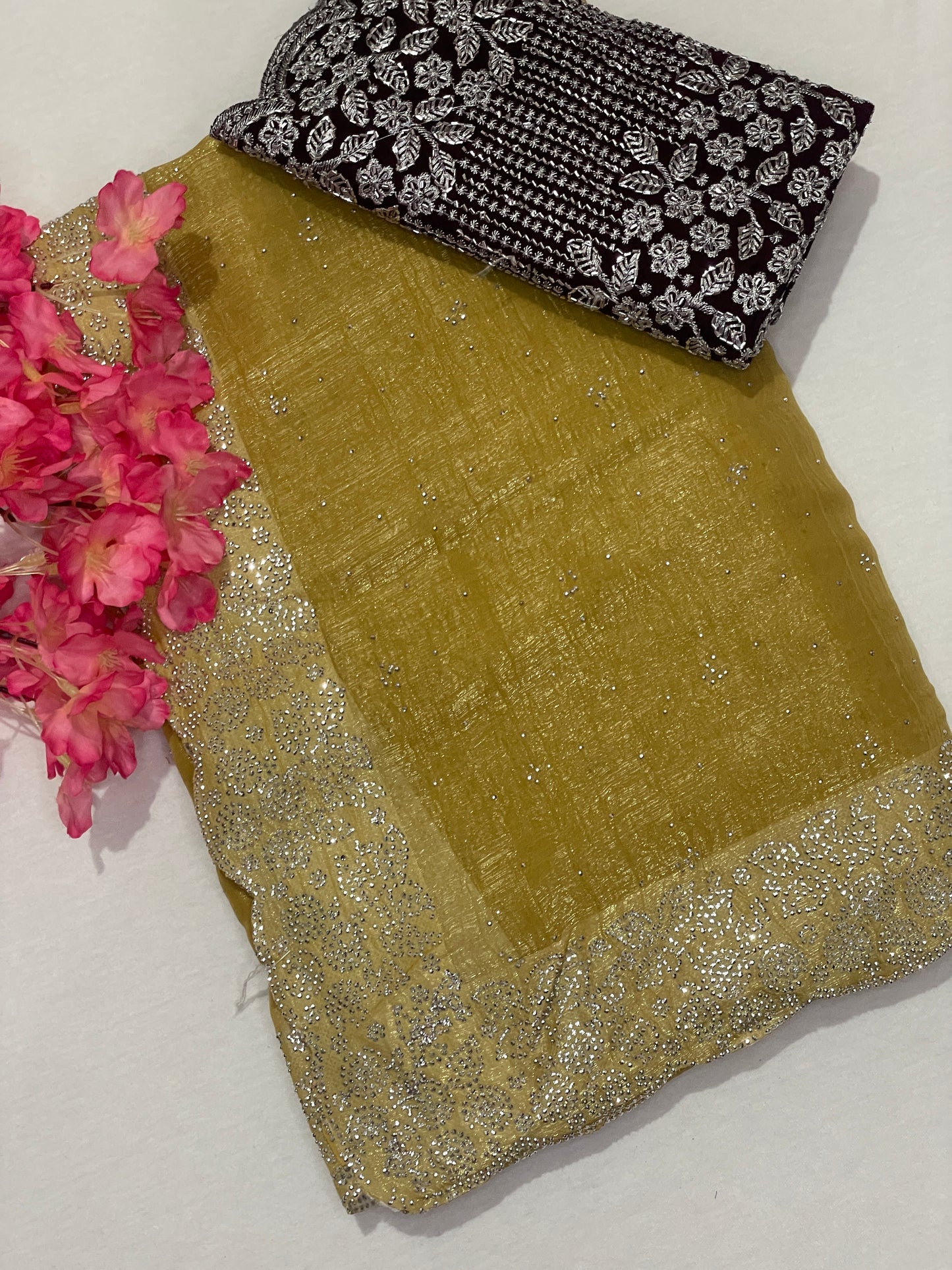 Crushed Soft Designer Mustered Color Saree