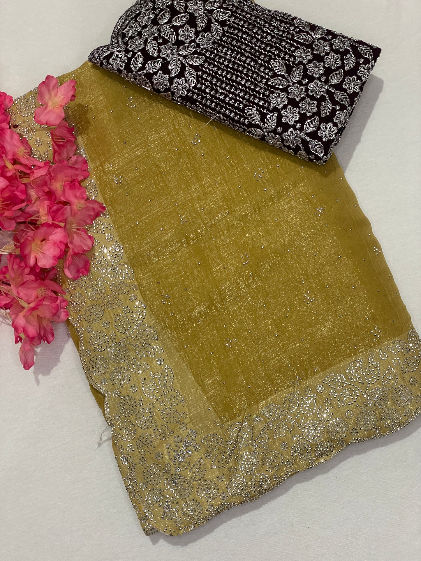 Crushed Soft Designer Mustered Color Saree