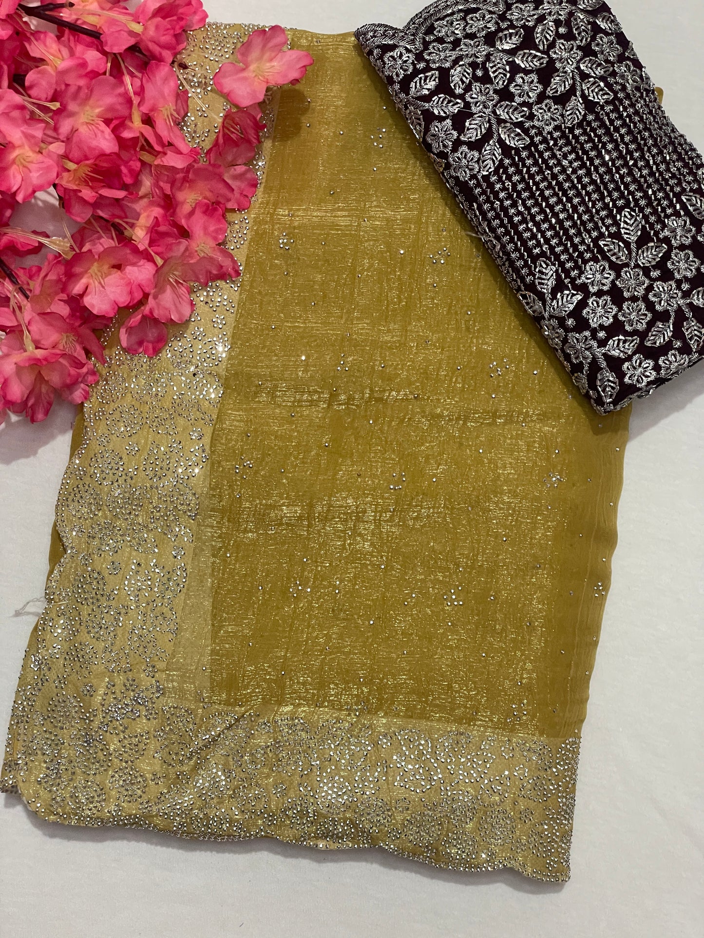 Crushed Soft Designer Mustered Color Saree