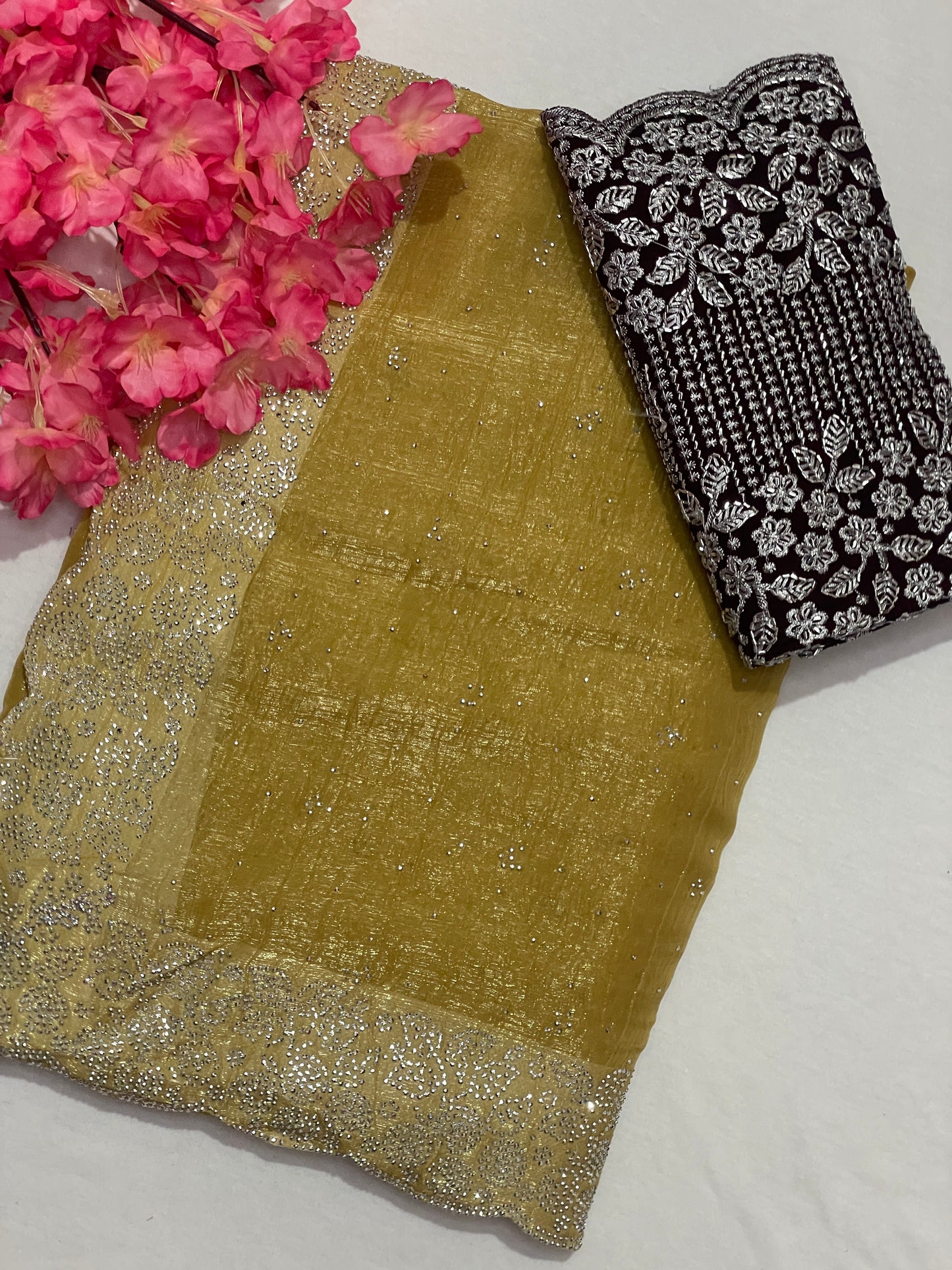 Crushed Soft Designer Mustered Color Saree