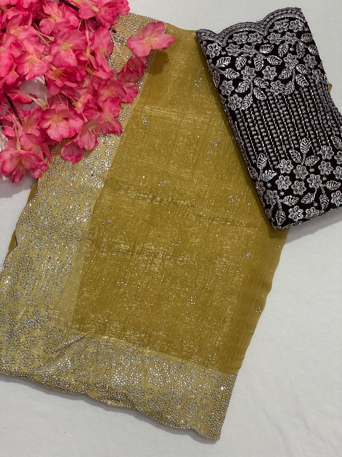 Crushed Soft Designer Mustered Color Saree