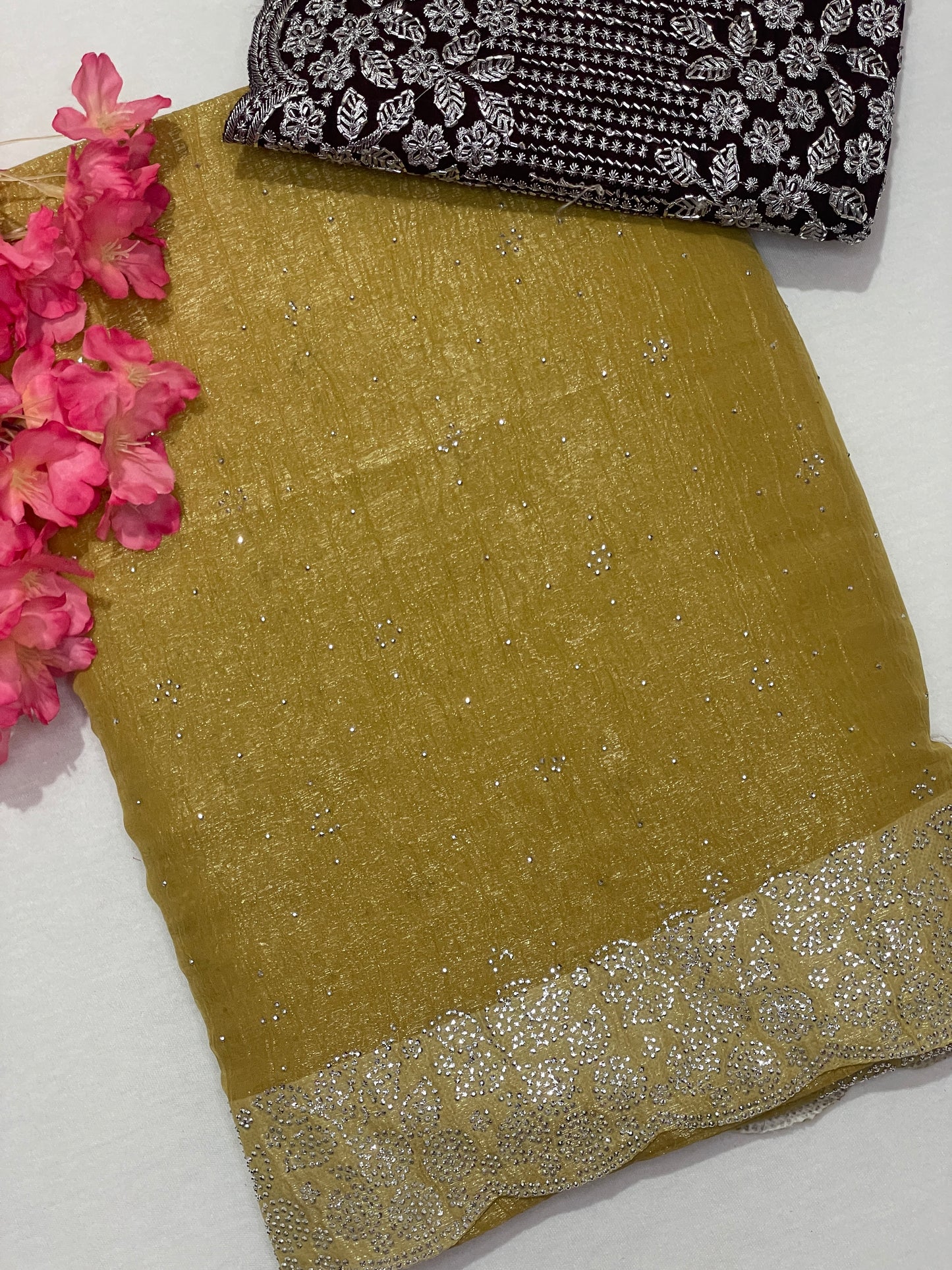 Crushed Soft Designer Mustered Color Saree