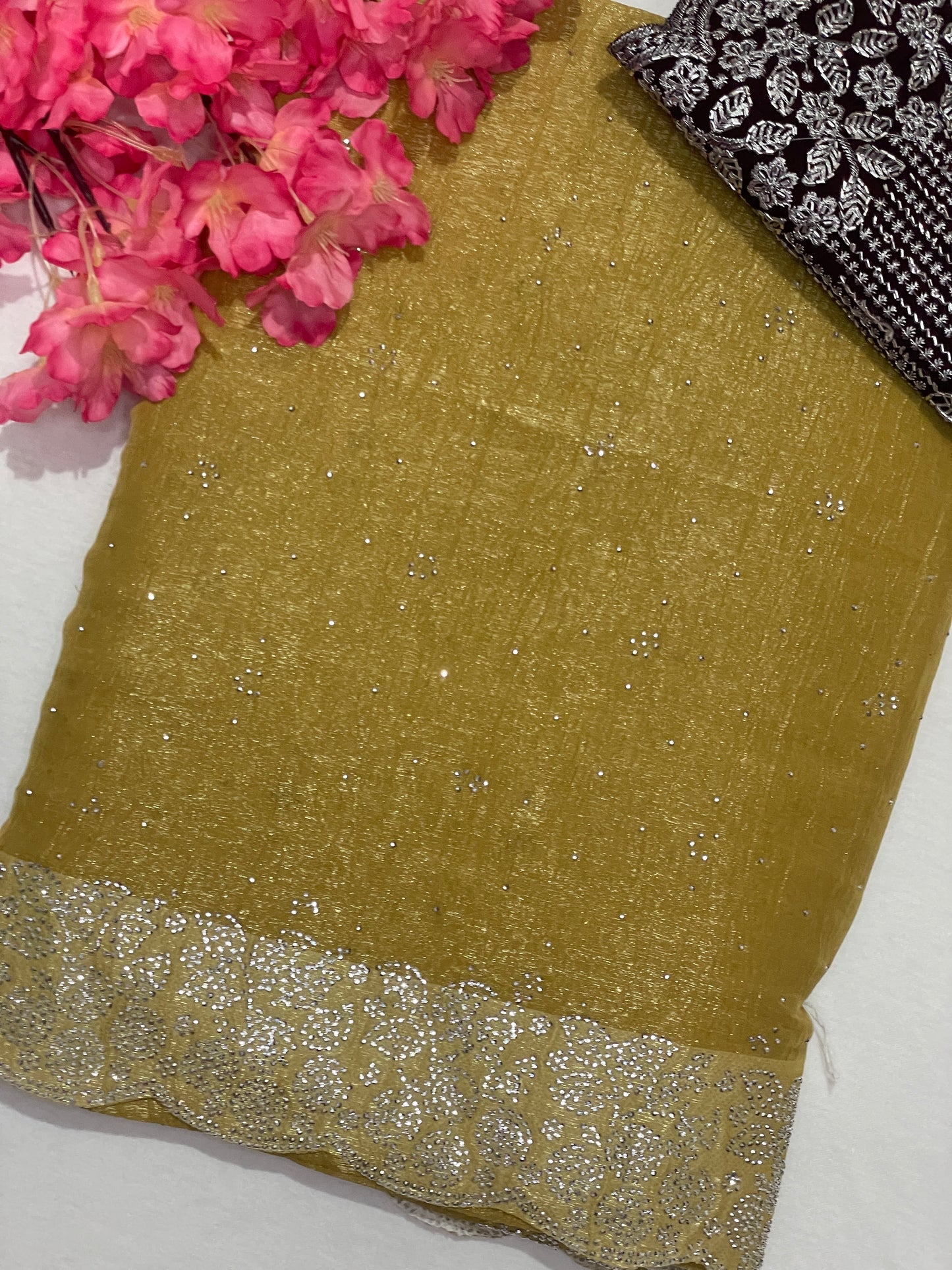 Crushed Soft Designer Mustered Color Saree