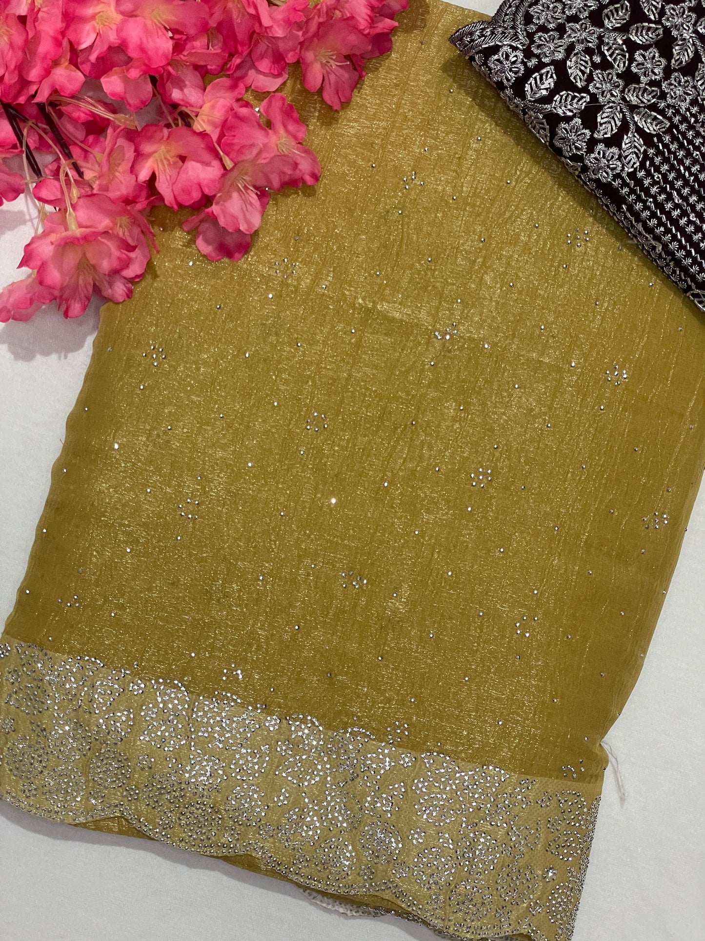 Crushed Soft Designer Mustered Color Saree