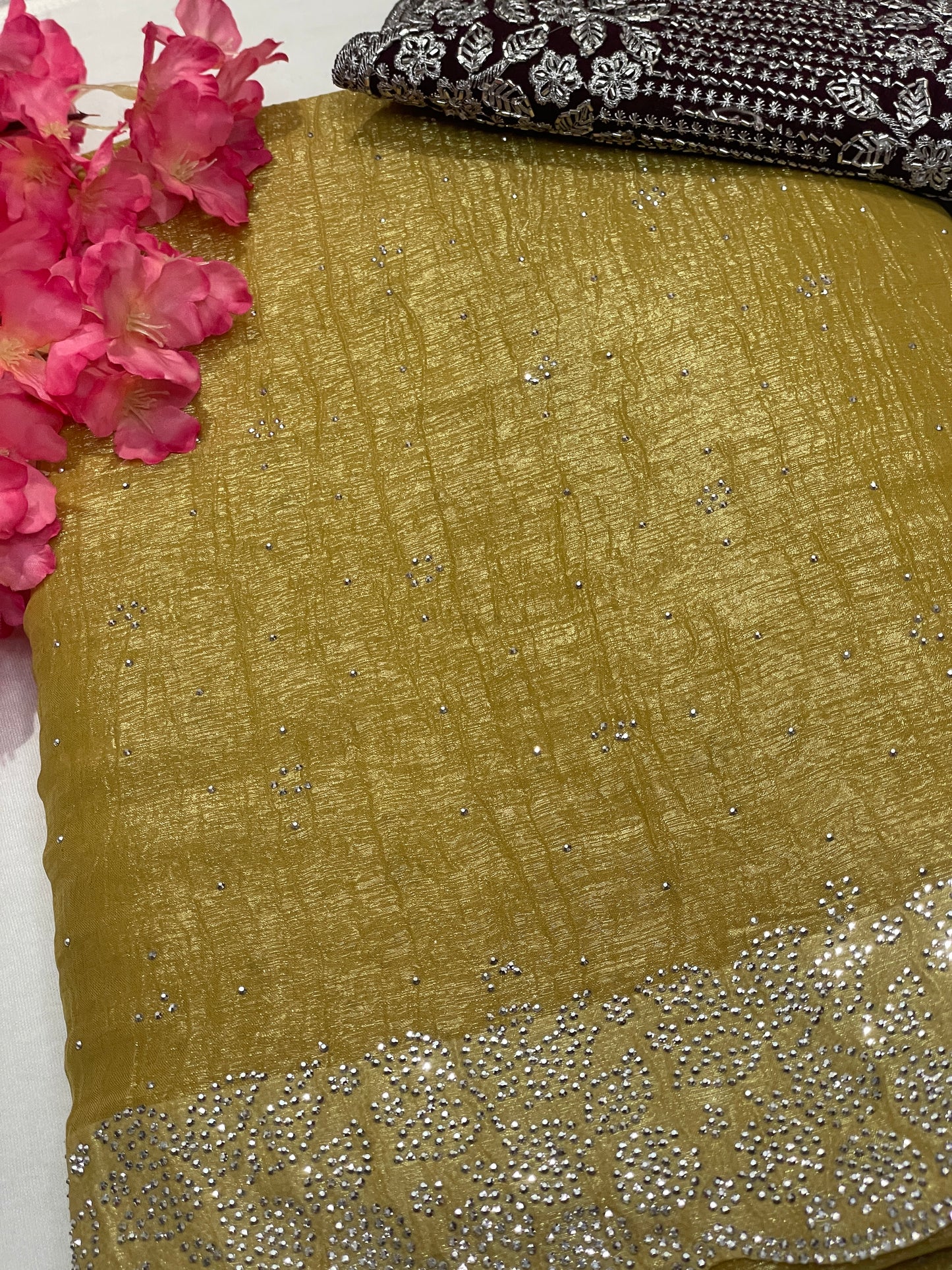 Crushed Soft Designer Mustered Color Saree