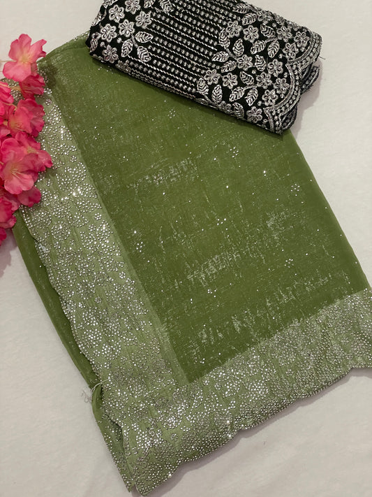 Crushed Soft Designer Green Saree