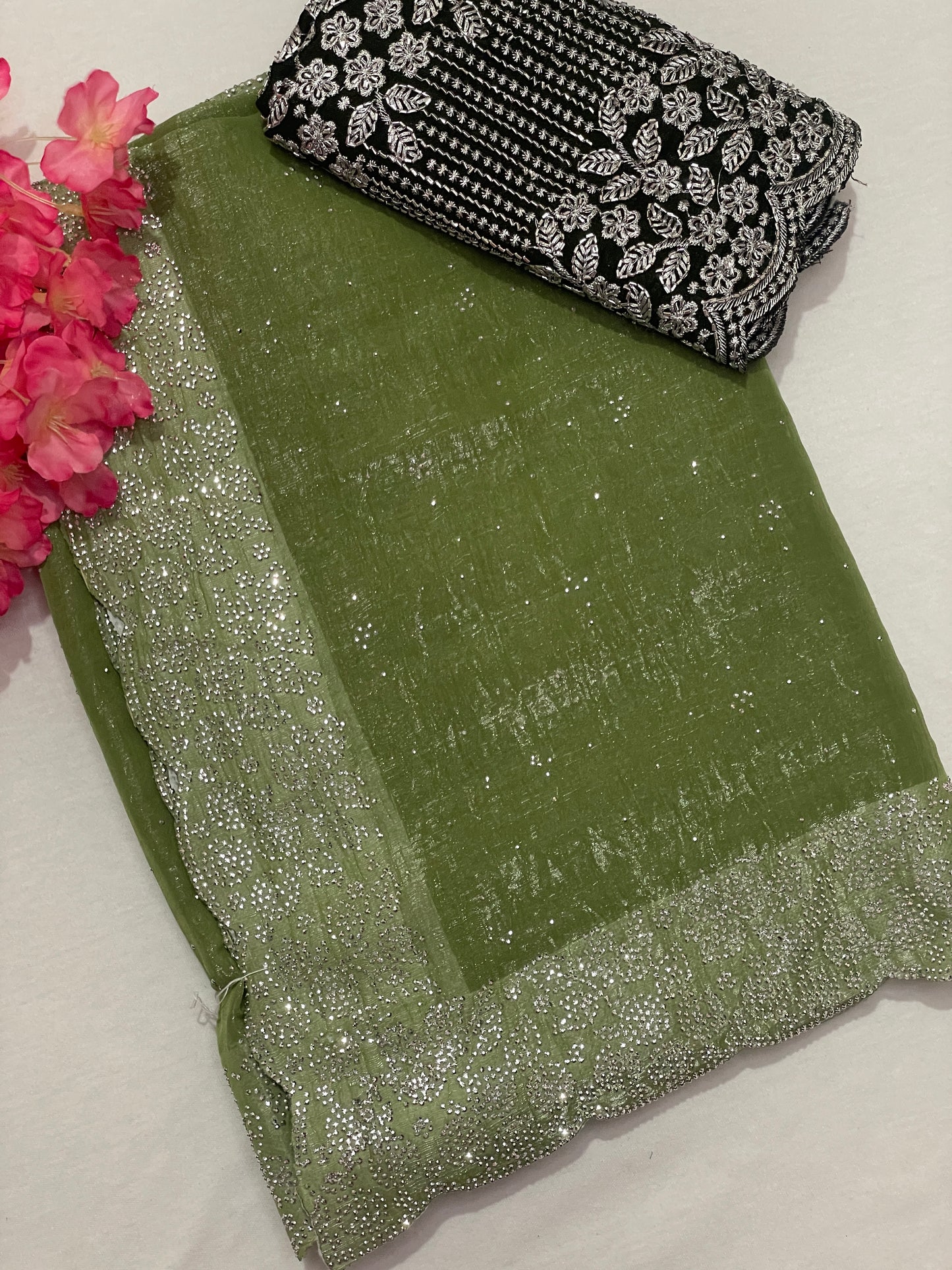 Crushed Soft Designer Green Saree