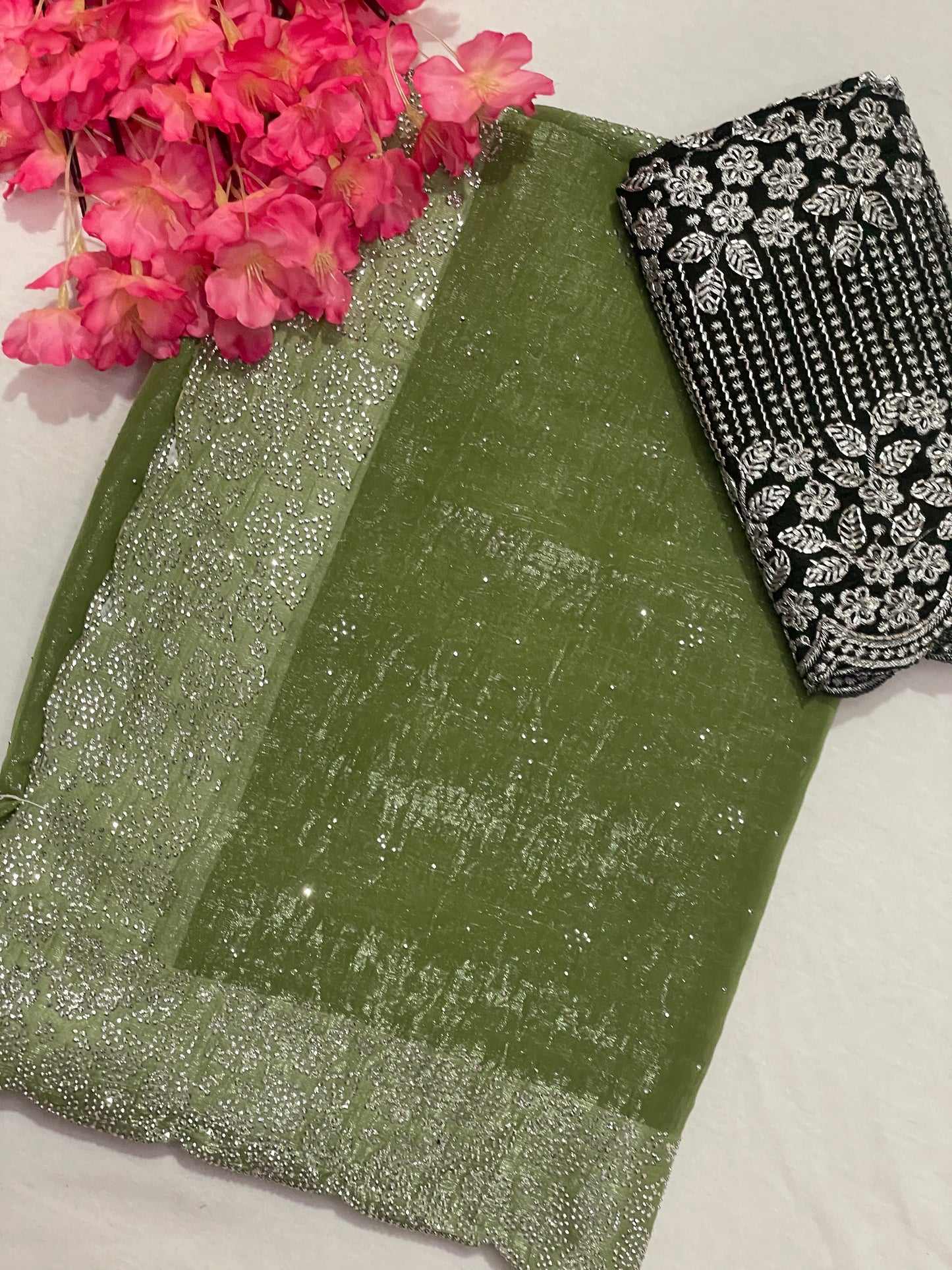 Crushed Soft Designer Green Saree