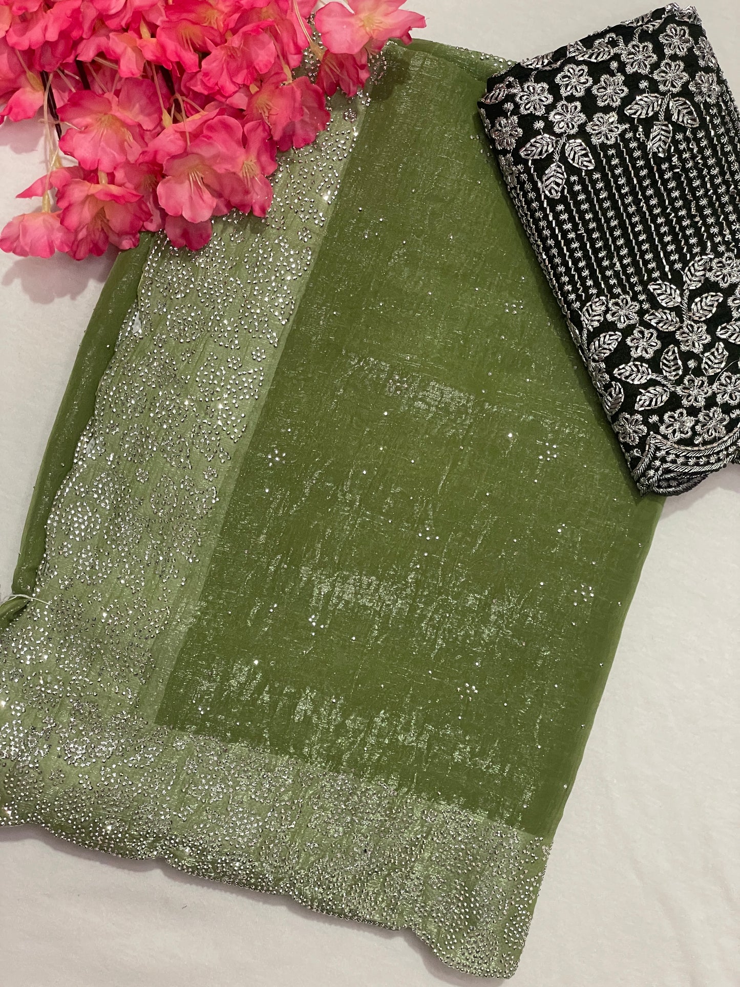 Crushed Soft Designer Green Saree