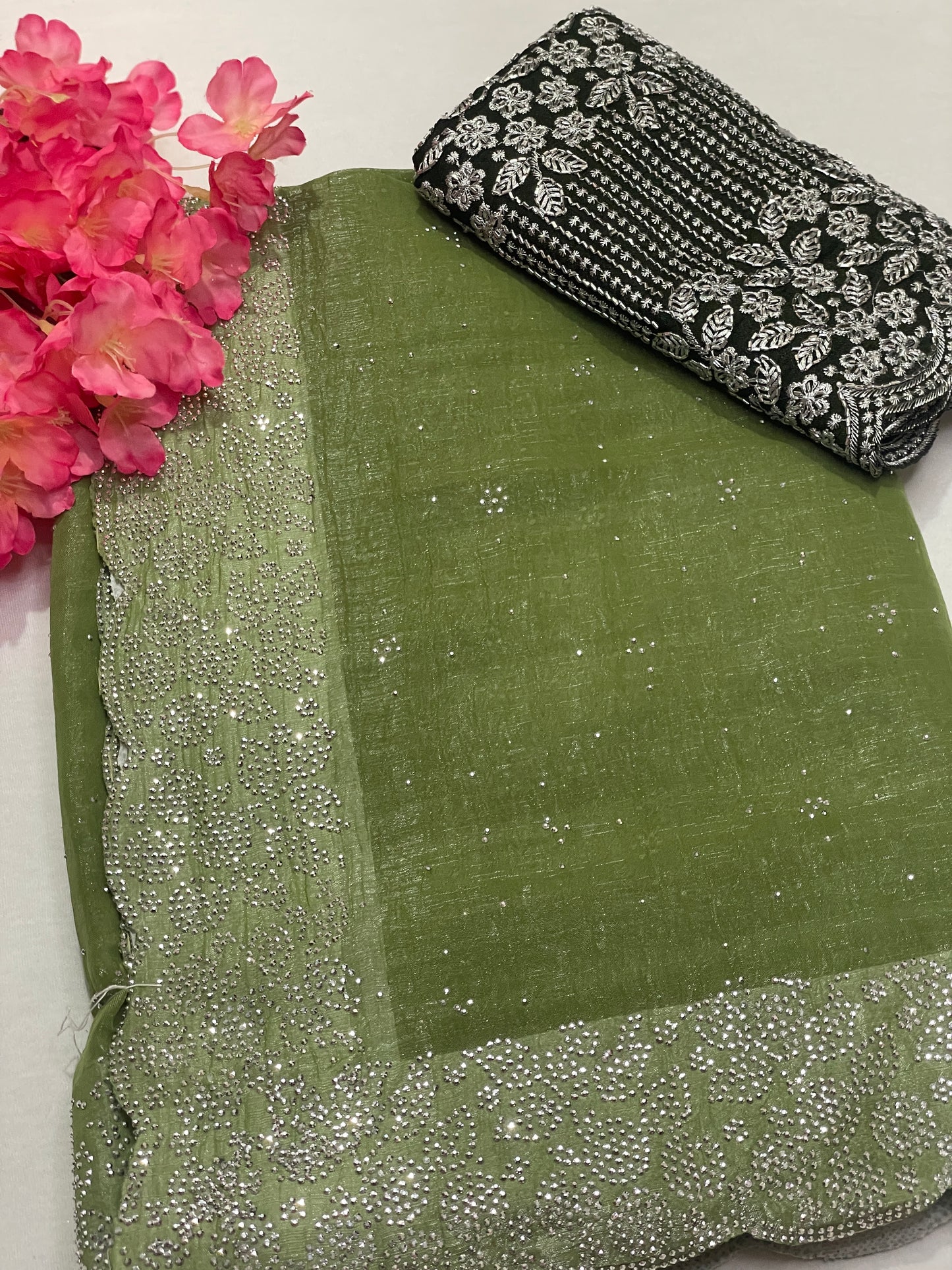 Crushed Soft Designer Green Saree