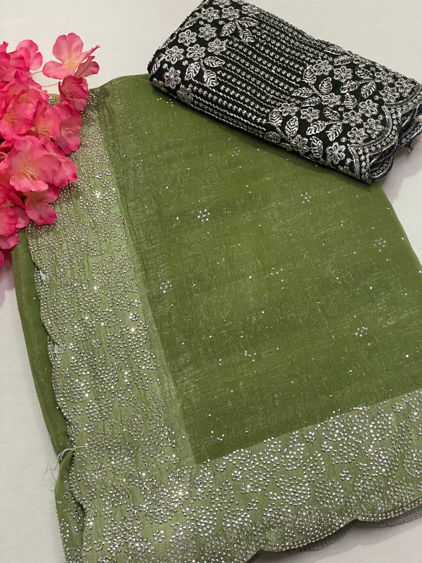 Crushed Soft Designer Green Saree