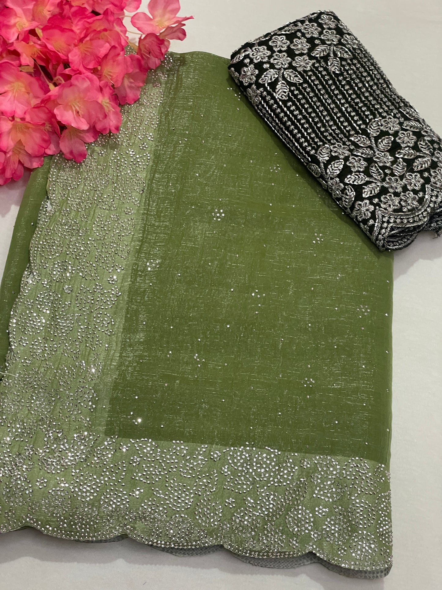 Crushed Soft Designer Green Saree
