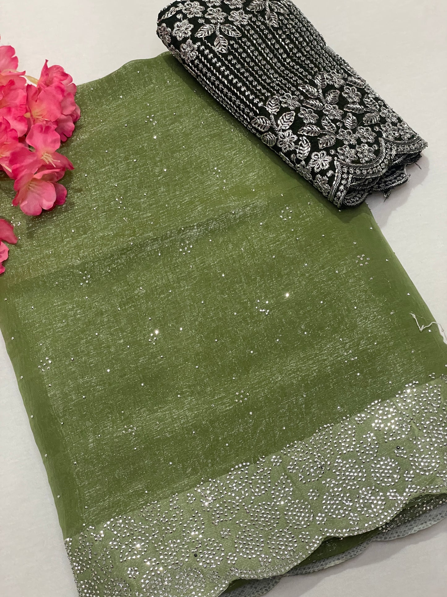 Crushed Soft Designer Green Saree