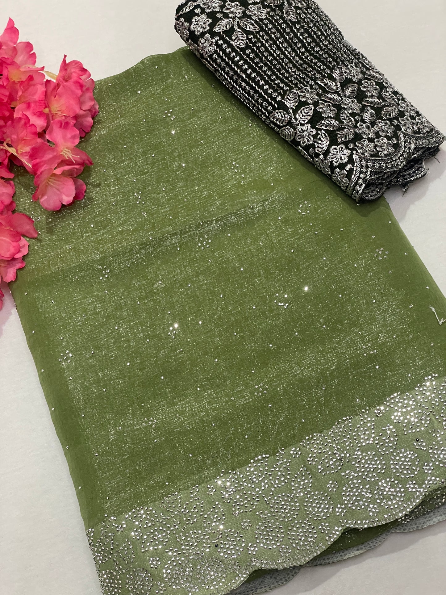 Crushed Soft Designer Green Saree