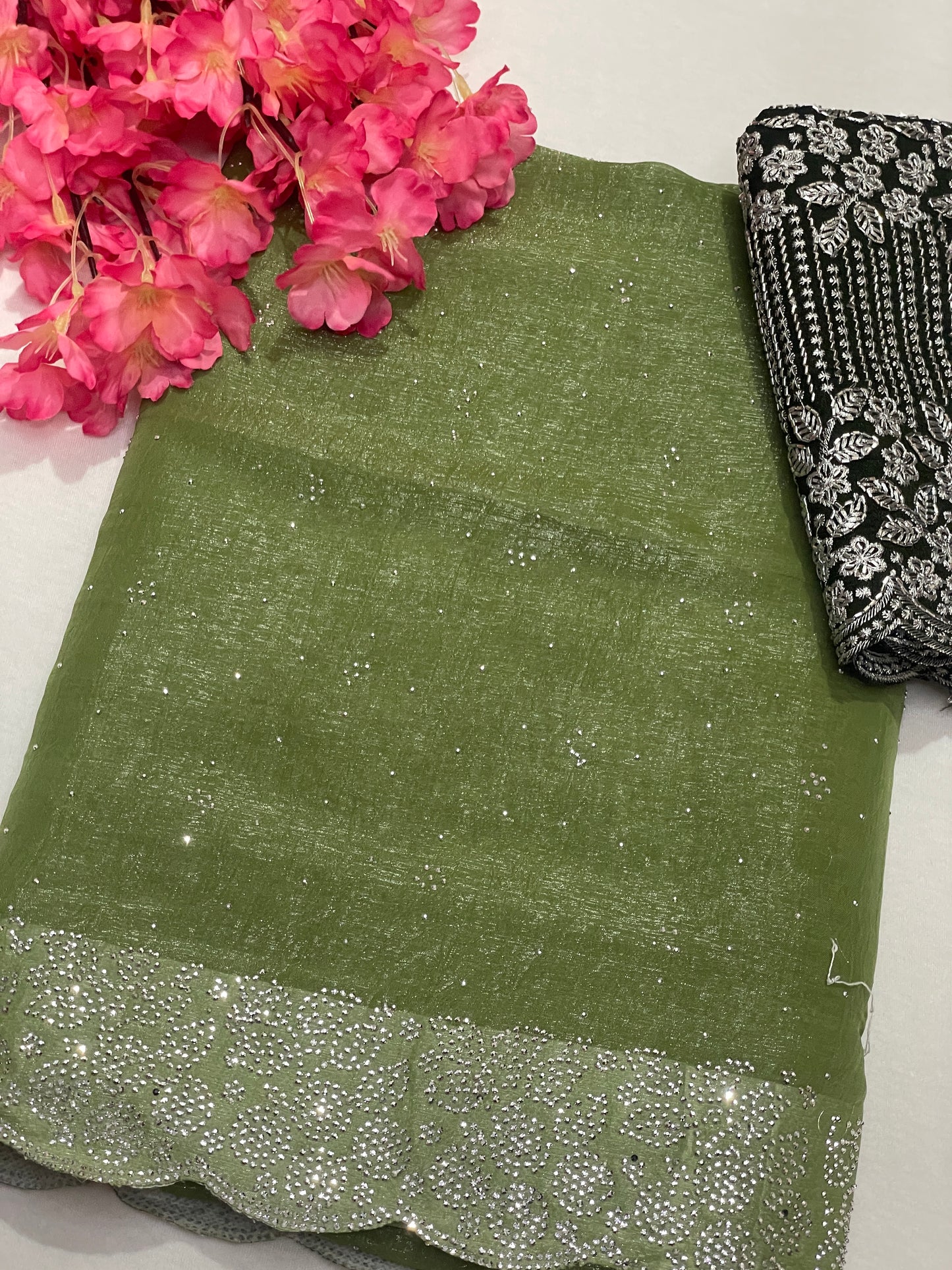 Crushed Soft Designer Green Saree