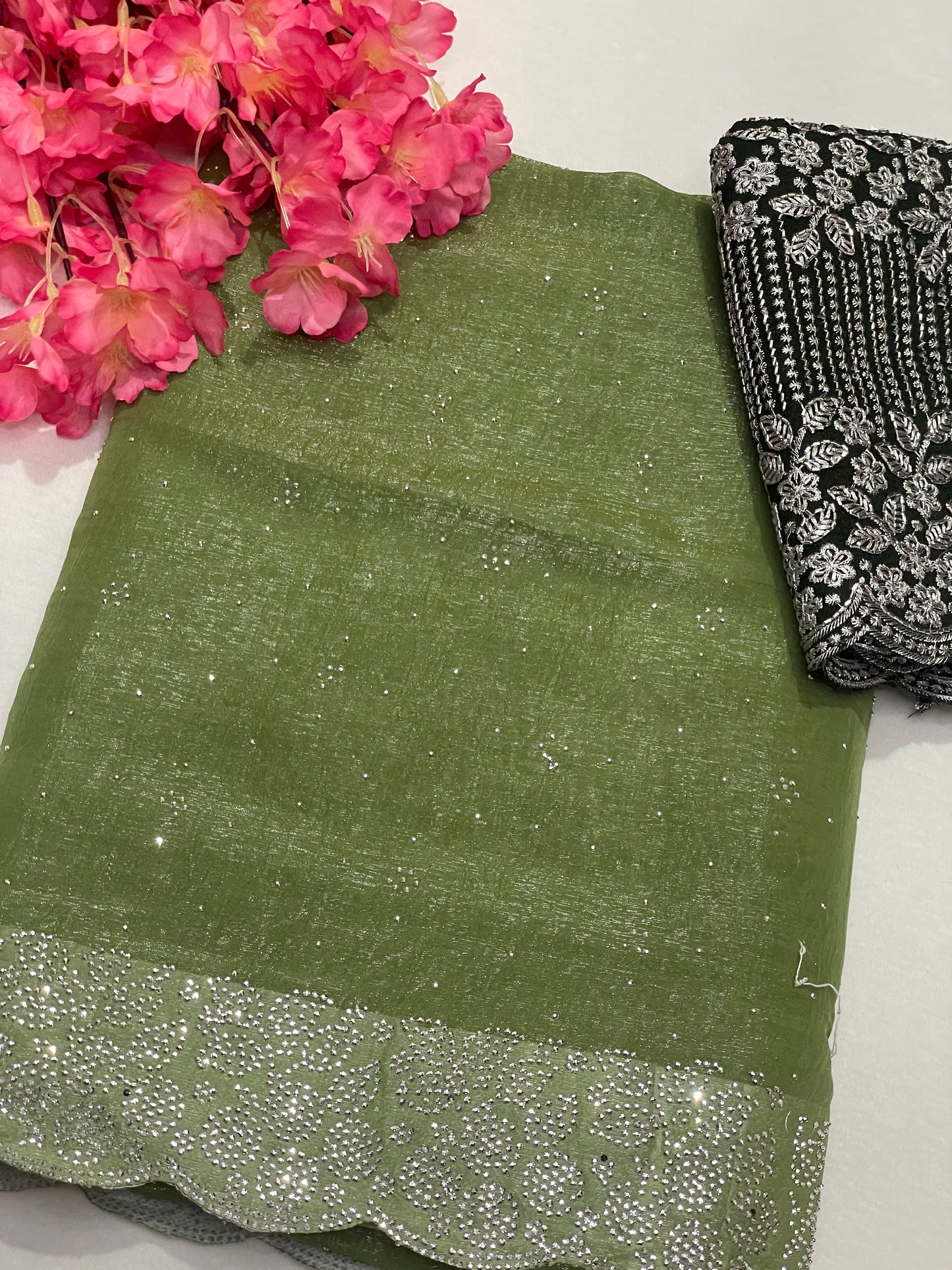 Crushed Soft Designer Green Saree