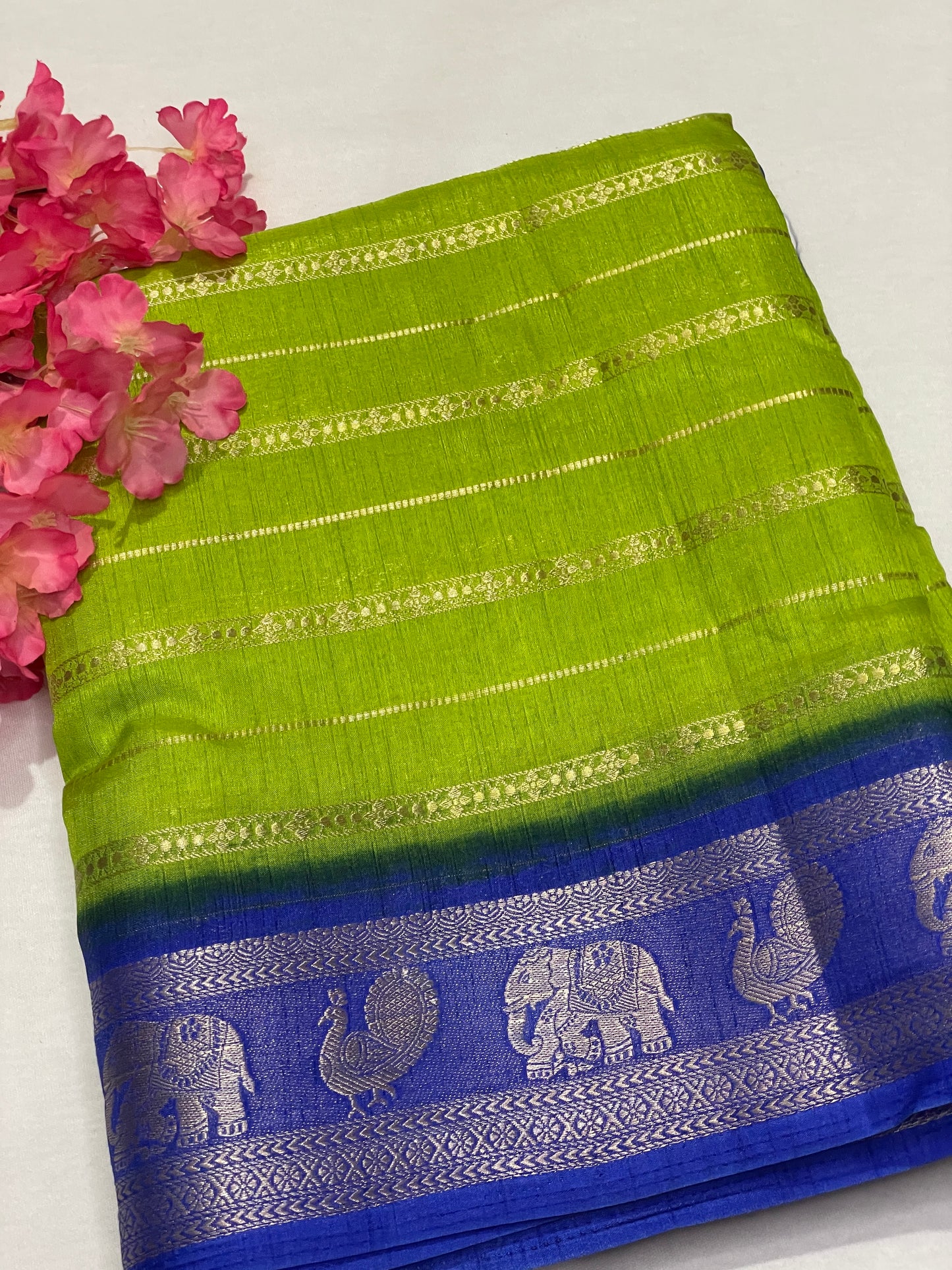 Lemon Yellow & Blue Combination Semi Crape Saree