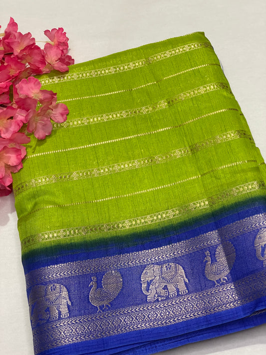 Lemon Yellow & Blue Combination Semi Crape Saree