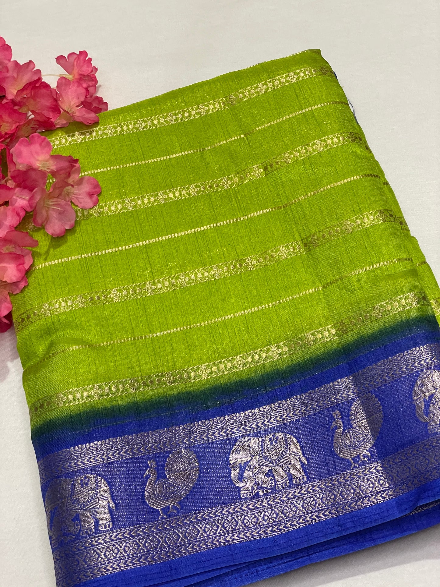 Lemon Yellow & Blue Combination Semi Crape Saree