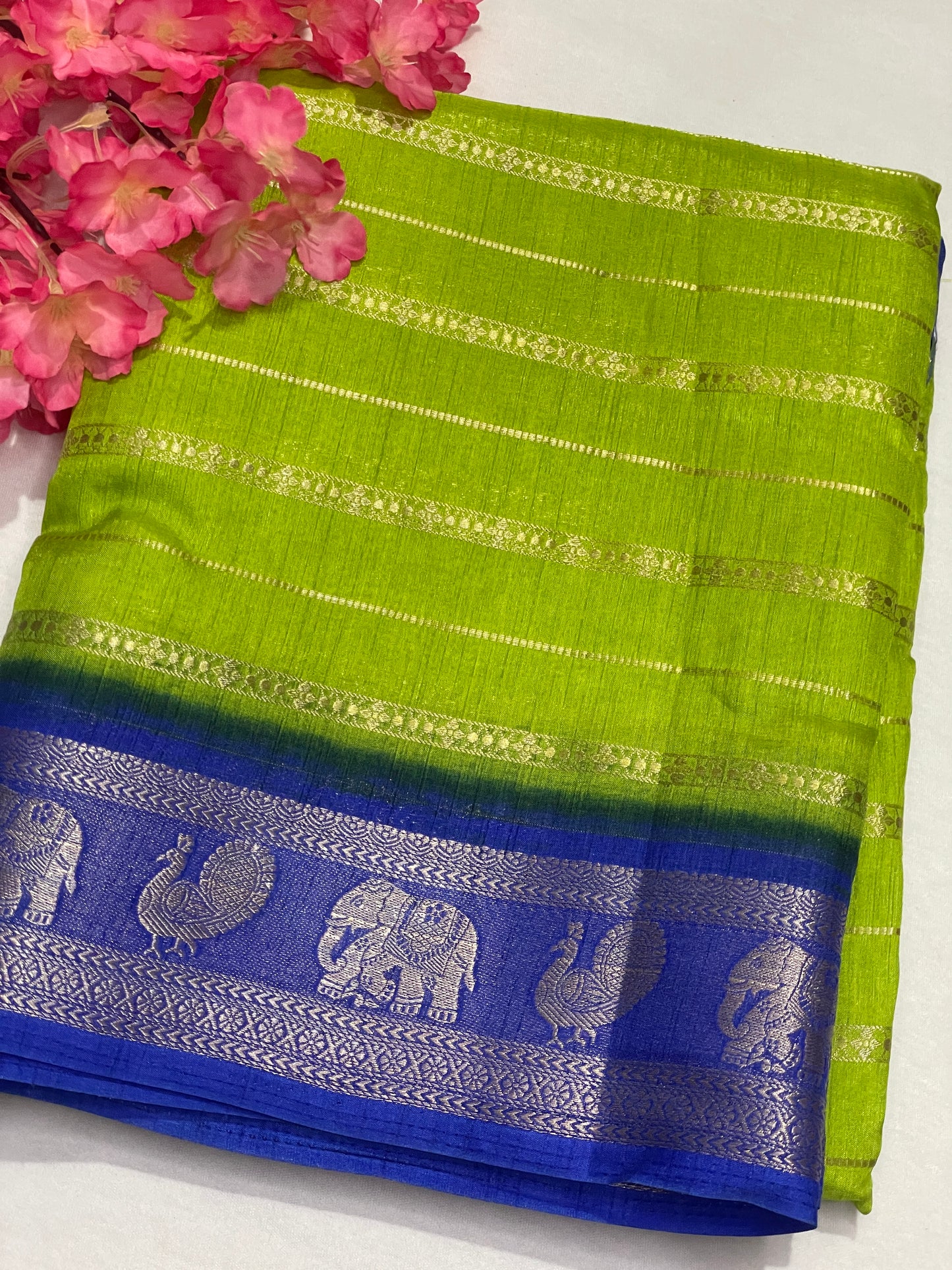 Lemon Yellow & Blue Combination Semi Crape Saree