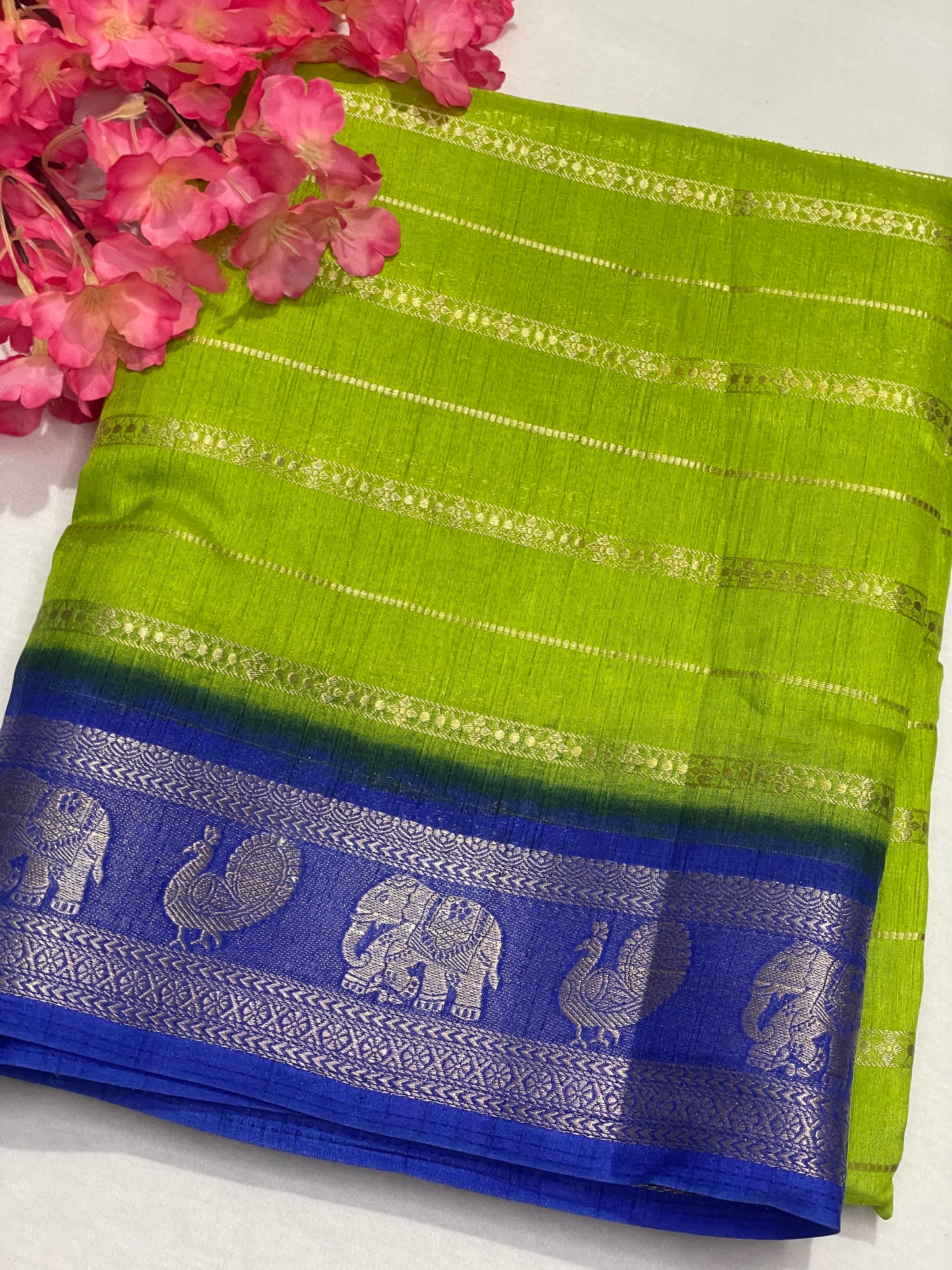 Lemon Yellow & Blue Combination Semi Crape Saree