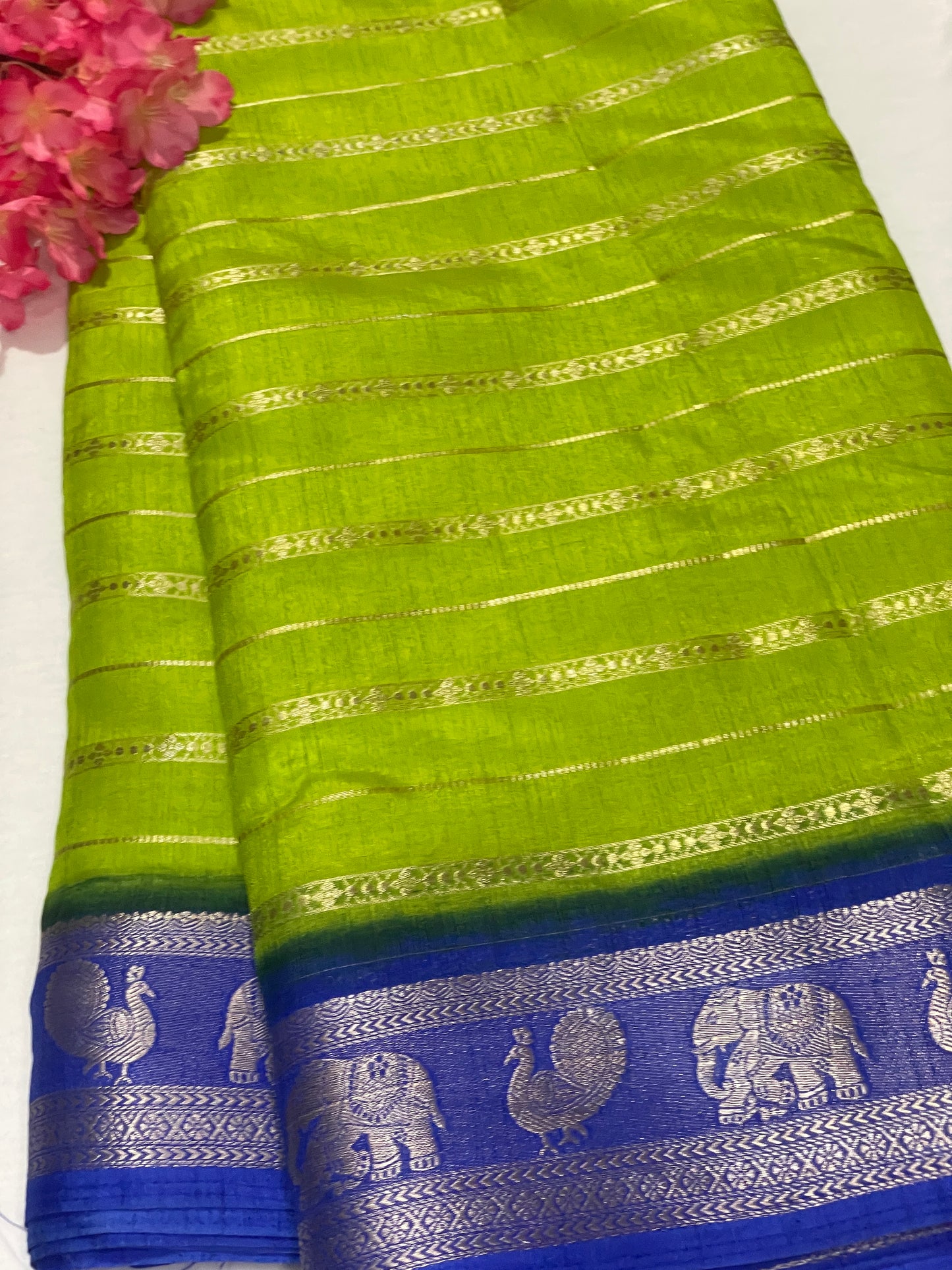 Lemon Yellow & Blue Combination Semi Crape Saree