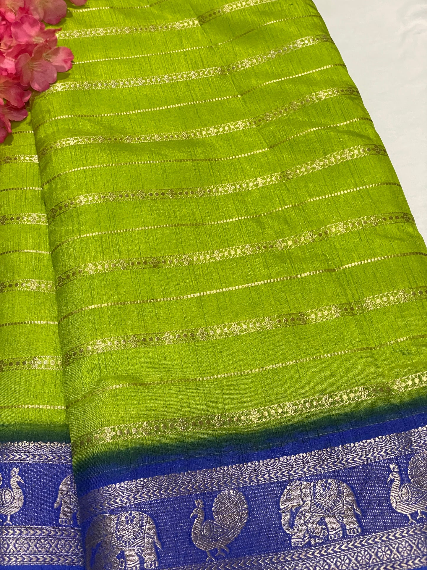 Lemon Yellow & Blue Combination Semi Crape Saree