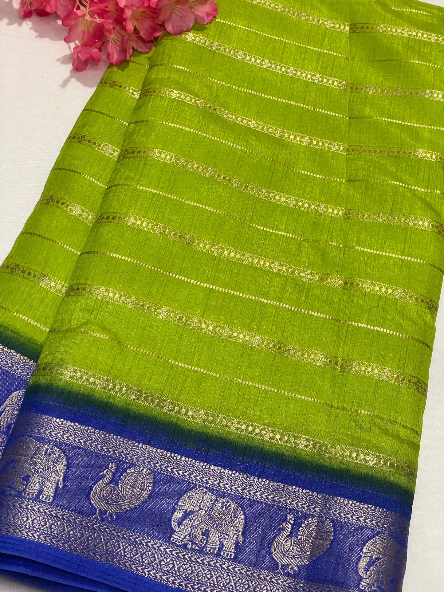 Lemon Yellow & Blue Combination Semi Crape Saree