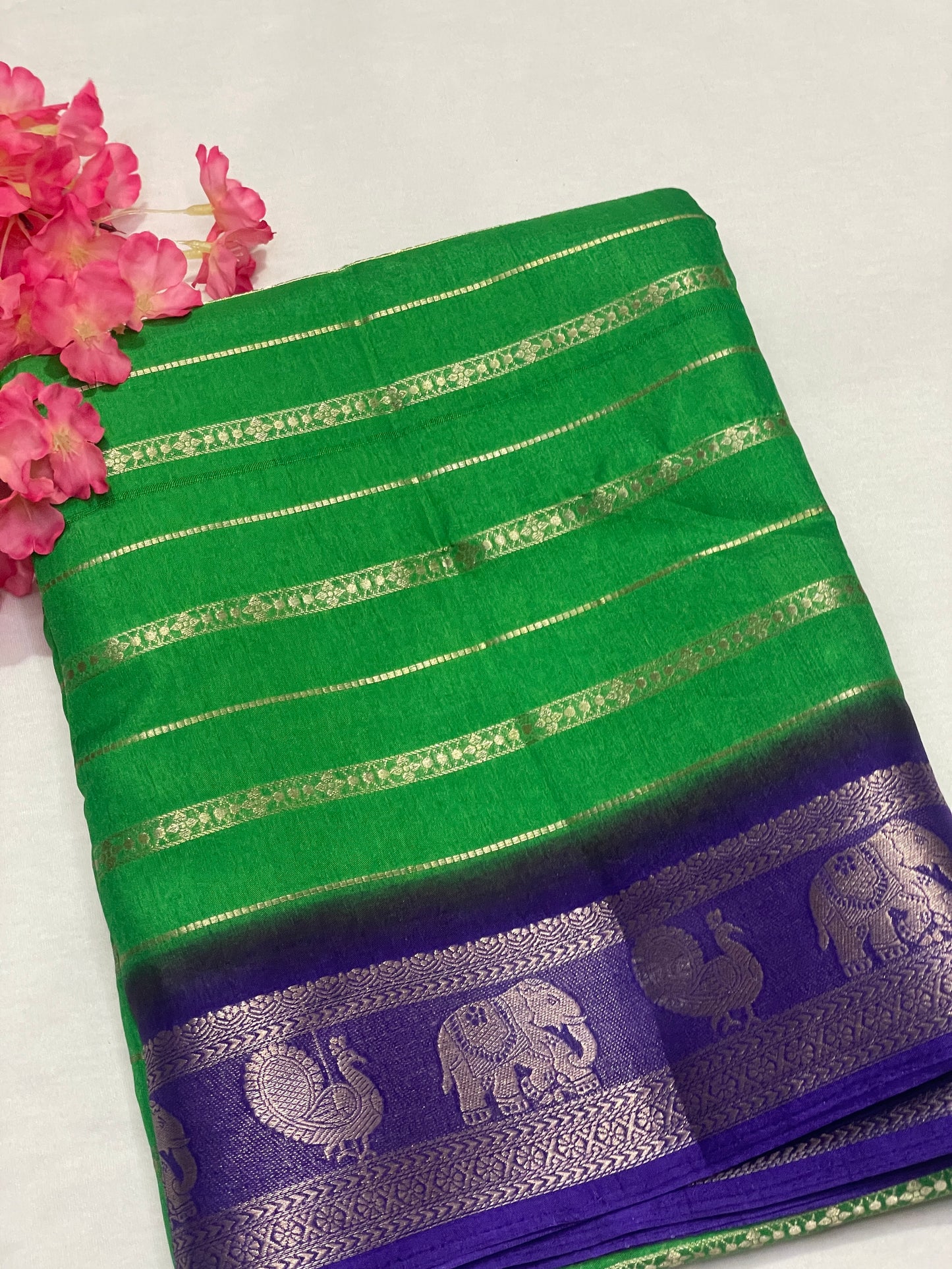 Leafy Green & Blue Combination Semi Crape Saree